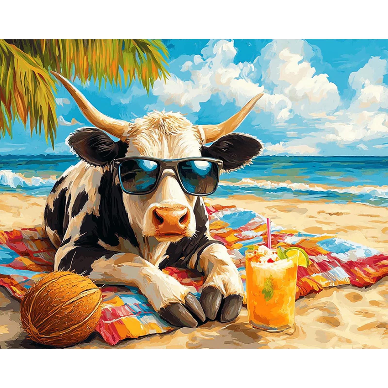 Camocin Art Paint by Numbers for Adults, Highland Cow Adult Paint by Number Canvas Kits Without Frame, Beach Oil Painting by Numbers Kit for Gift Home Wall Decor 16 x 20 Inch