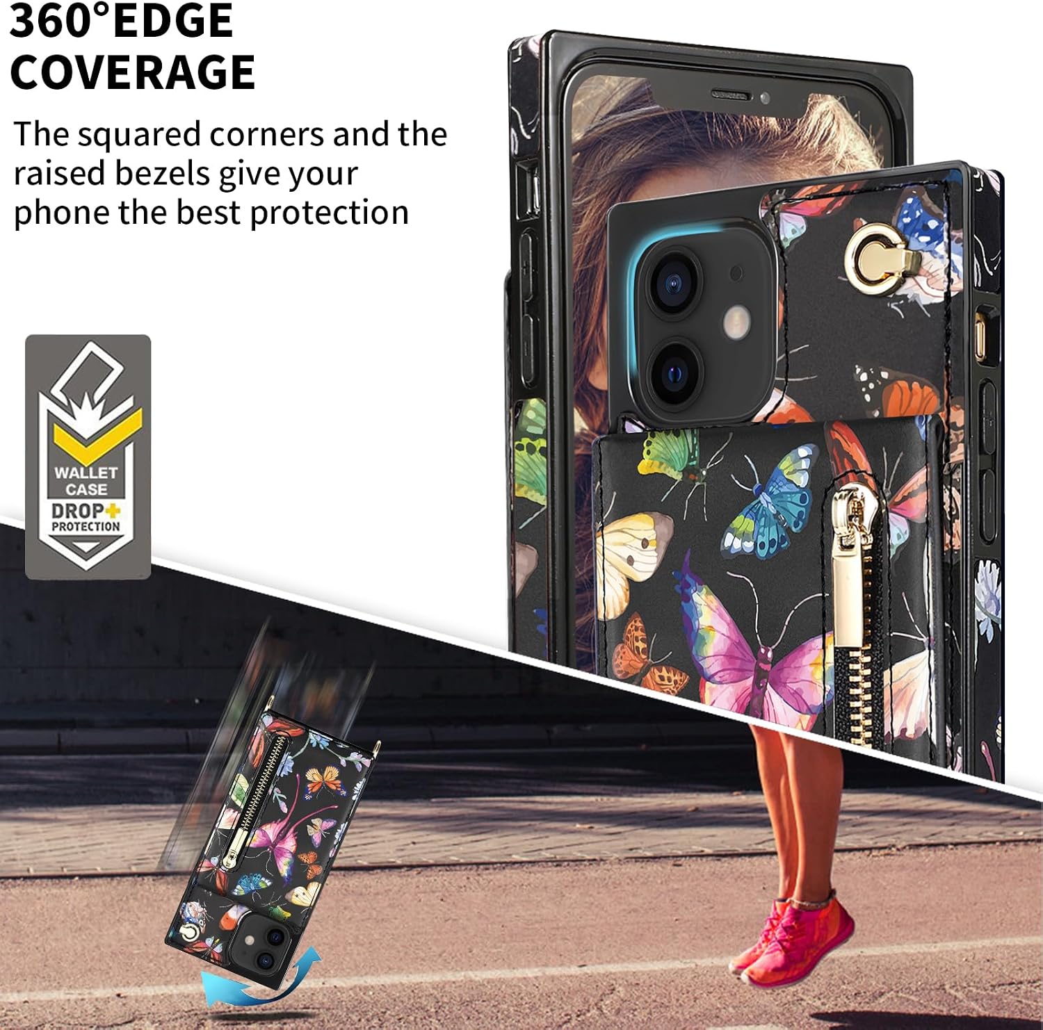 Compatible for iPhone 12/12Pro Case Wallet with Card Holder, Floral Leather Case with Crossbody Strap, Kickstand, Protective Phone Case Cover for Women, Butterfly image 5