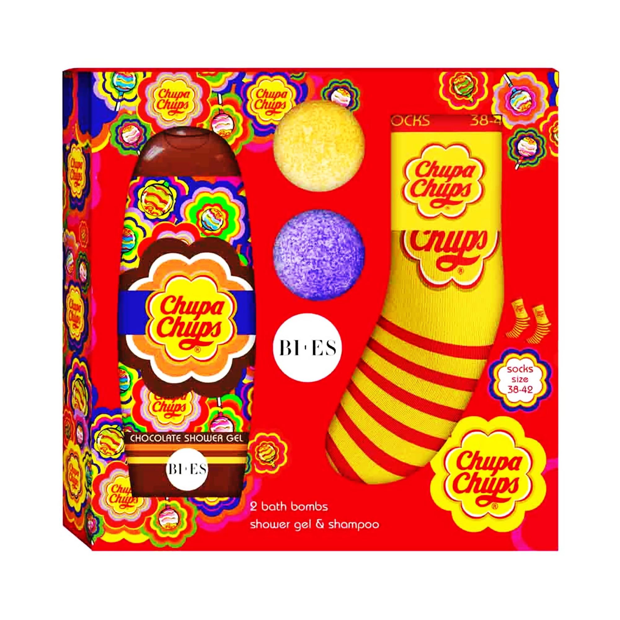 Chupa Chups Bath Gift Set for Kids – Chocolate Scented Shower Gel (240ml), Fizzy Bath Bombs (2 x 55g) & Cute Chupa Chups Socks – Paraben Free, Hydrating, Fun & Relaxing Bath Time Treat