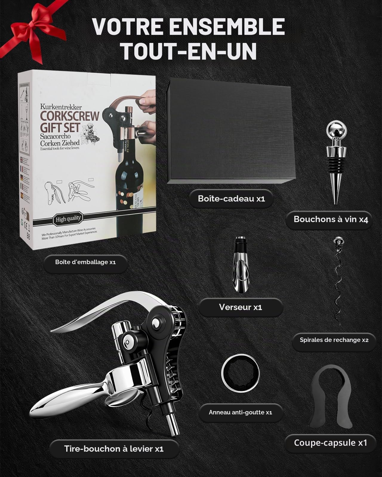 Tire Bouchon, 10 Pièces Ouvre Bouteille de Vin, Ensembles d'accessoires pour Vin avec Coupe-Capsule,Ouvre-Lapin,Anneaux Anti-Goutte,Bouchon,Verseur Vin,Vis sans Fin, pour Cadeaux et Amateurs de Vin