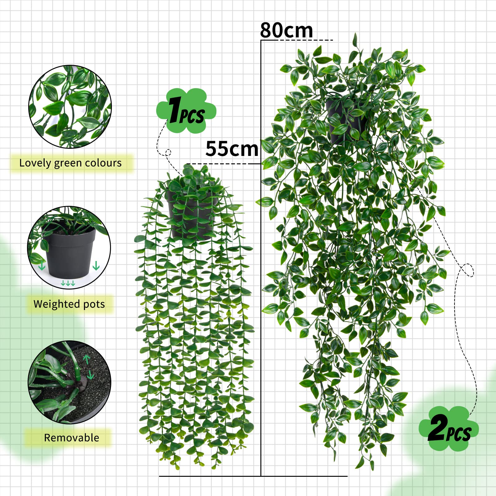 Piante artificiali da appendere, 80 cm, pianta artificiale da appendere, pianta artificiale per parete, casa, stanza, decorazione per interni ed esterni, piante da appendere, verde finto
