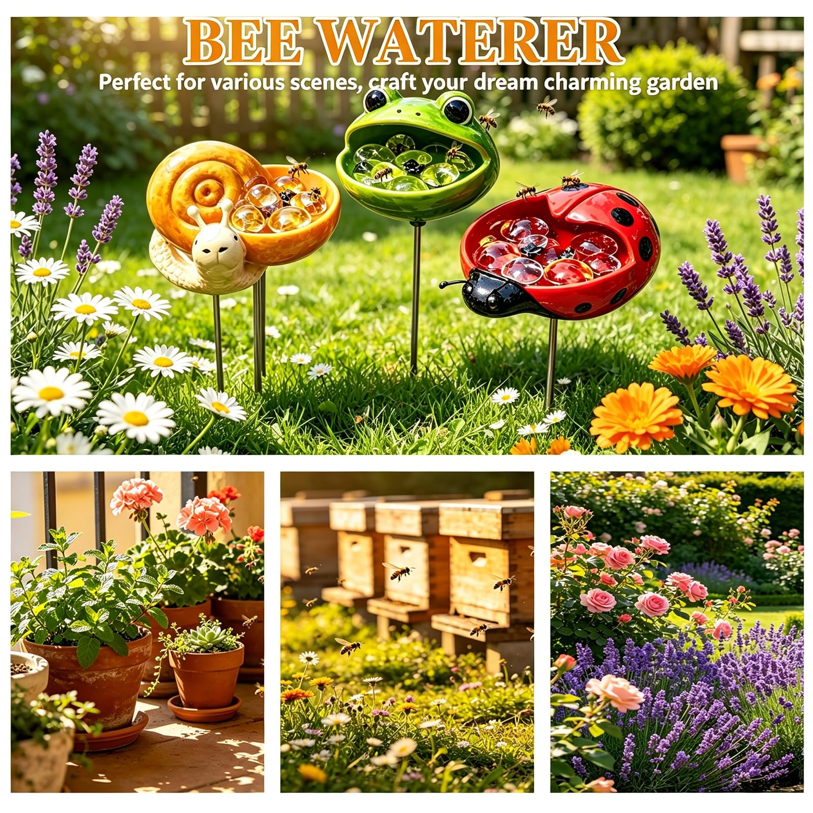 Stazioni di irrigazione uniche per animali, stazione di irrigazione in resina per api da giardino, ciotola decorativa per uccelli, api, farfalle e impollinatori, cortile, patio, prato, giardino (set