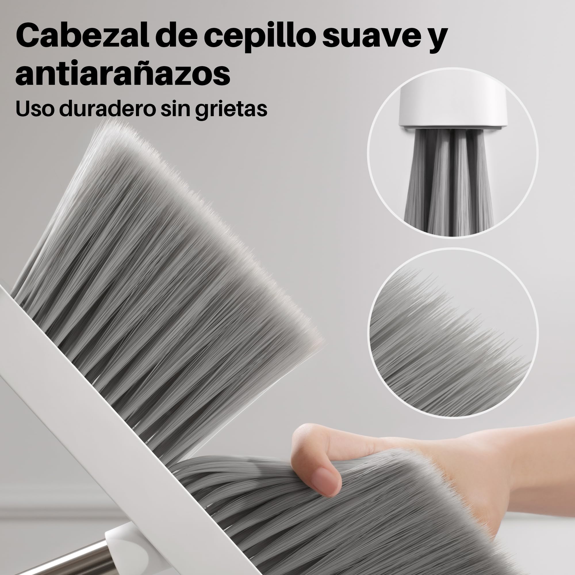 JOYMOOP Set Escoba y recogedor, recogedor y Cepillo con Mango Largo, Escoba sin Necesidad de agacharse para Uso Interior y Exterior, Blanco y Gris