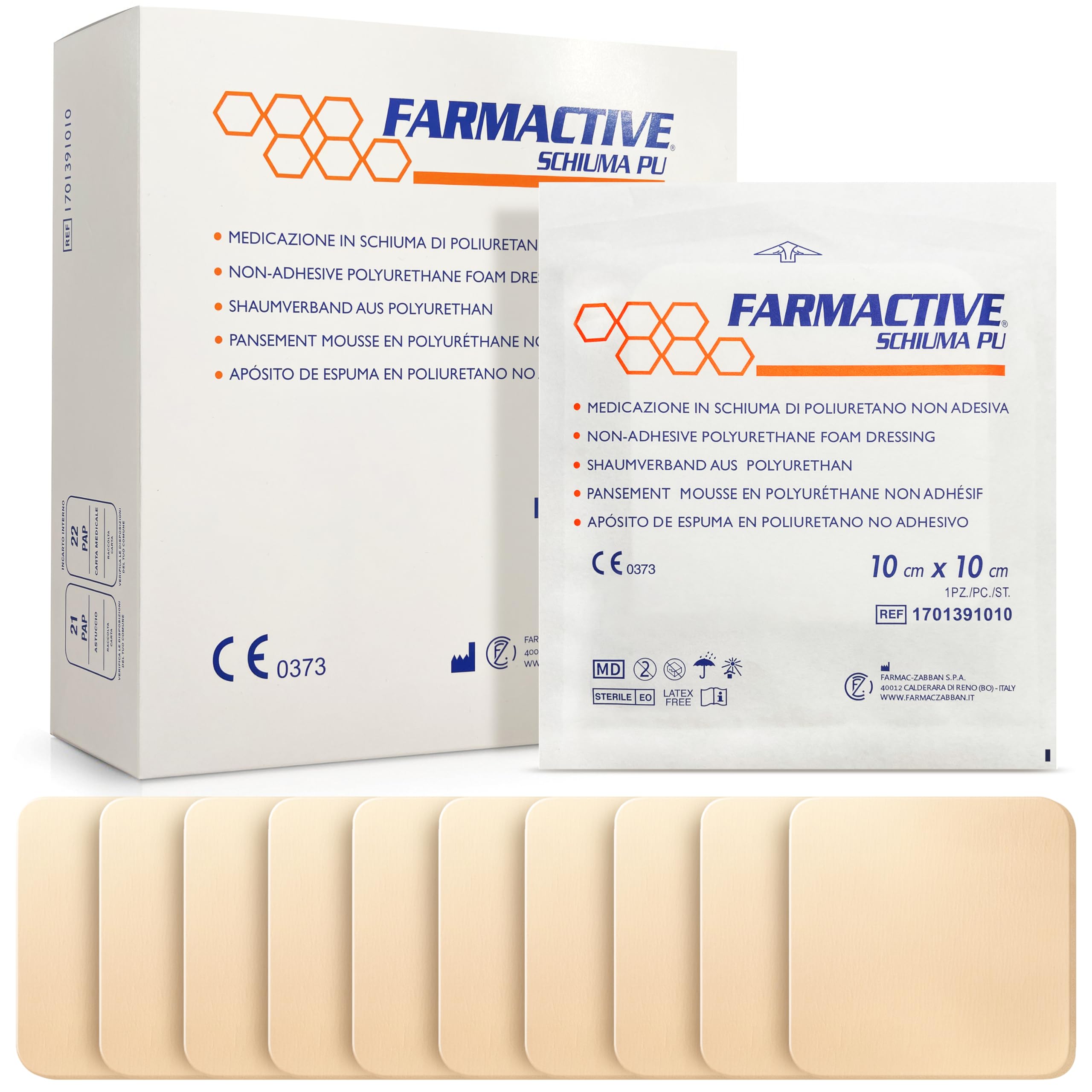 Medicazione in schiuma di POLIURETANO Non adesiva 10x10 cm (10 pz) - per ulcere da pressione, ferite e lesioni FARMACTIVE Schiuma PU