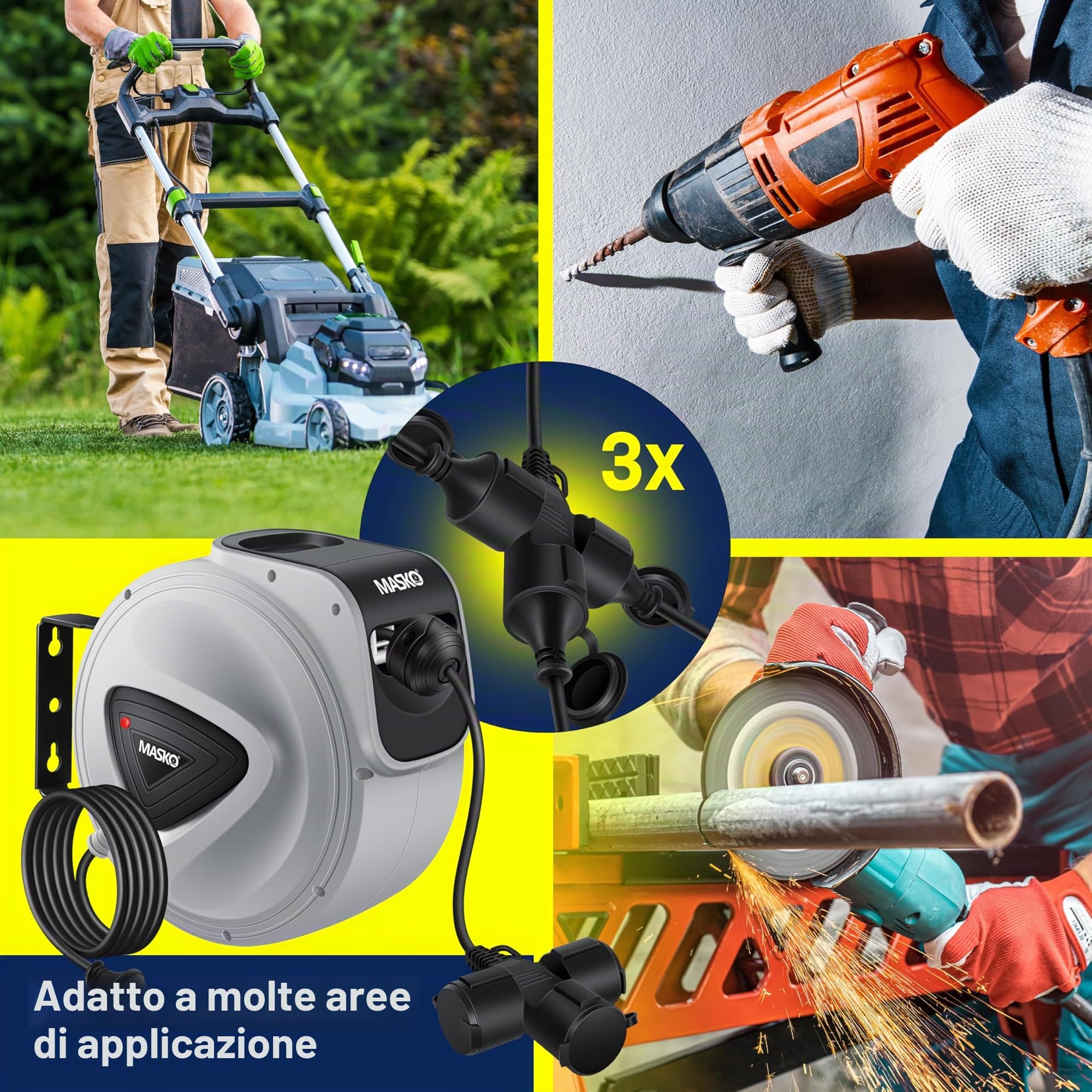 MASKO® Avvolgicavo automatico Cavo di prolunga con collegamento a 3 vie Ruotabile di 180° Cavo da 1,5 m Staffa a muro Avvolgicavo da officina Avvolgitore di corrente automatico Incl. guanti - 15 m