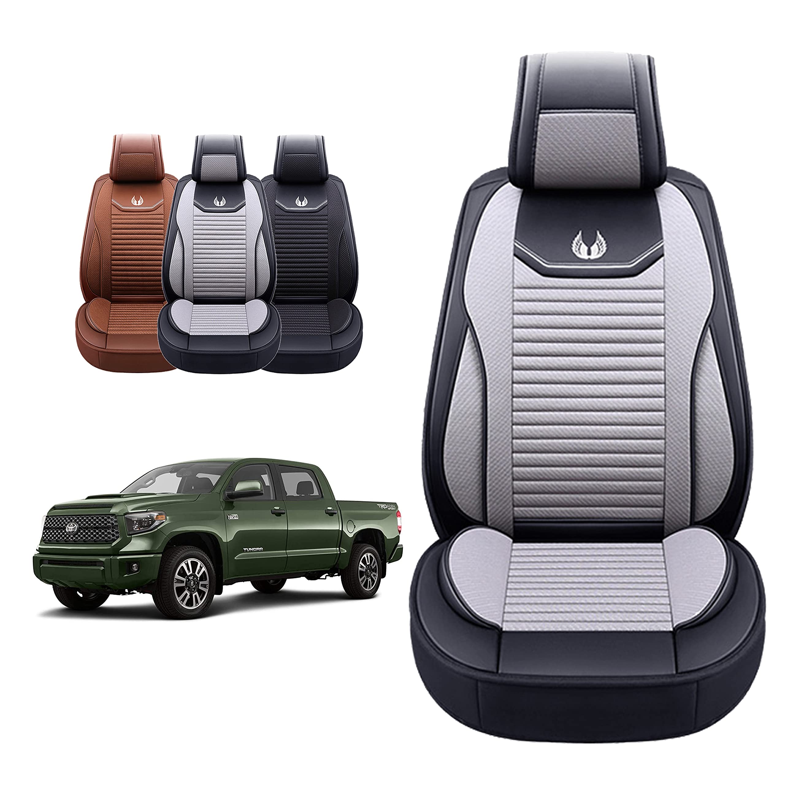 OASIS AUTO Seat Covers Accessories Compatible with Toyota Tundra 2007-2025 Custom Fit Leather Truck Cover Protector Cushion Crew Double Extended Cab TRD(Full Set, Fabric Gray)
