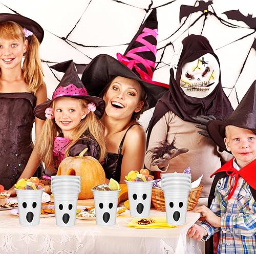 Miniatura 6 de AnyDesign - 50 vasos de plástico de Halloween de 12 onzas con diseño de fantasma blanco y negro, tazas desechables espeluznantes para fiestas de
