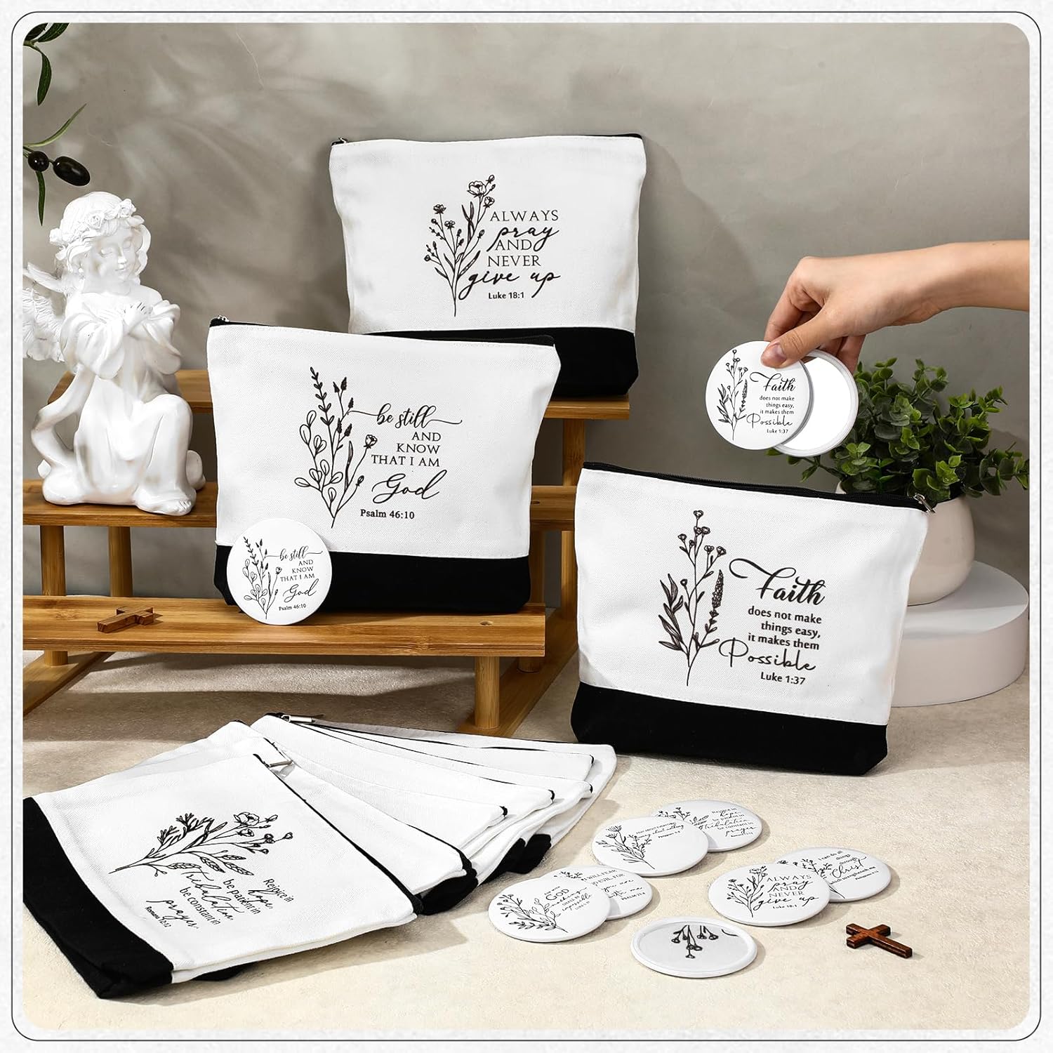 Kacctyen 20 Pcs Christian Gift Bulk 10 Inspirational Canvas Bible Verse Makeup Bag 10 Religious Compact Mirrors for Women Mother Pastor Easter Church Gifts Employee Appreciation Gift(Aesthetic) - Image 4