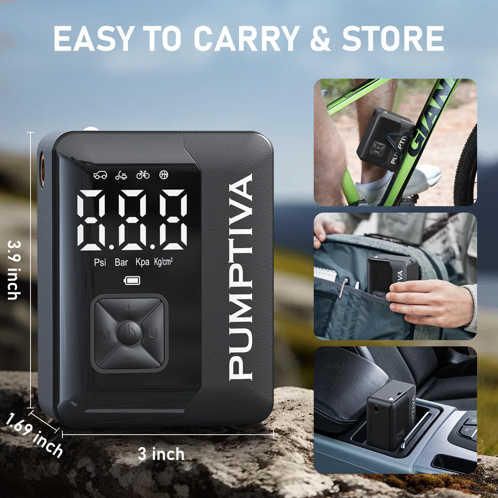 Pumptiva Tire Inflator Portable Air Compressor, 3X Faster Portable Tire Inflator for Car 150PSI Air Pump for Car Tires with LED Light, Auto Shut-Off for Motorcycle, Bicycle, Bike, Ball (Black)