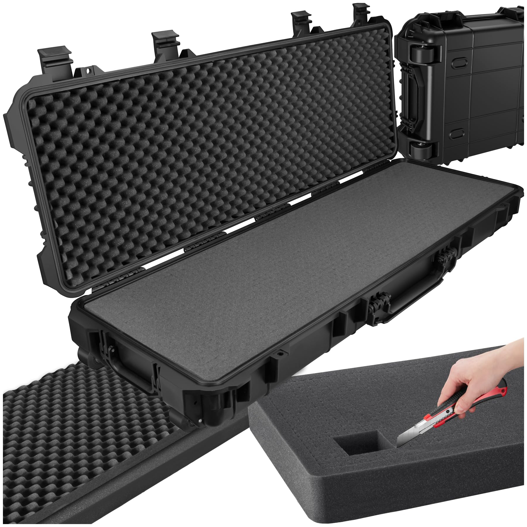 tectake® Custodia Porta Fucile - 113,5 x 41 x 16 cm - Custodia Rigida per Armi e Accessori, 4 Chiusure a Scatto, 3 Inserti in Espanso Estraibili, Maniglie, Rotelle per Trasporto