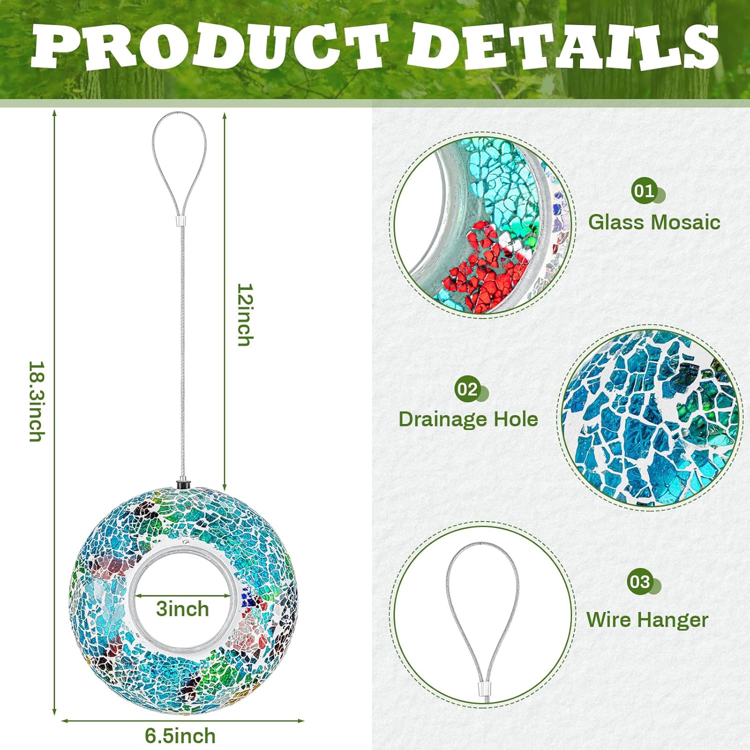 2 Pcs Glass Mosaic Hanging Bird Feeders Fly Through Round Bird Feeders for Outside Yard Garden Backyard Deck Porch Decor, 7-inch