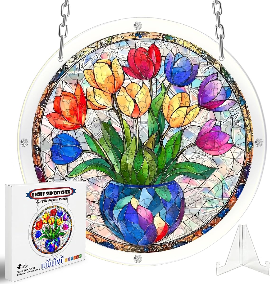 Acrylic Jigsaw Puzzle Suncatcher for Adults-Hanging Art Puzzle Kits | Garden Decoration, Adult Craft,Suitable for beginners,Special Present,82Pieces,7.87 in (Tulip)