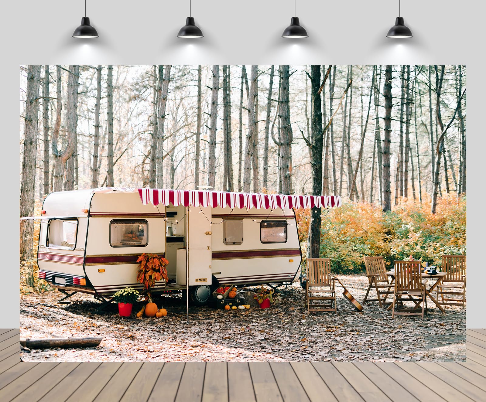 CHNYWORK 7ftx5ft Autumn Camp Backdrop Camper Van Pine Forest Fall Season Hiking Woods Background Wedding Bridal Shower Fall Hiking Camp Party Decor Photo Booth Studio Props Wallpaper