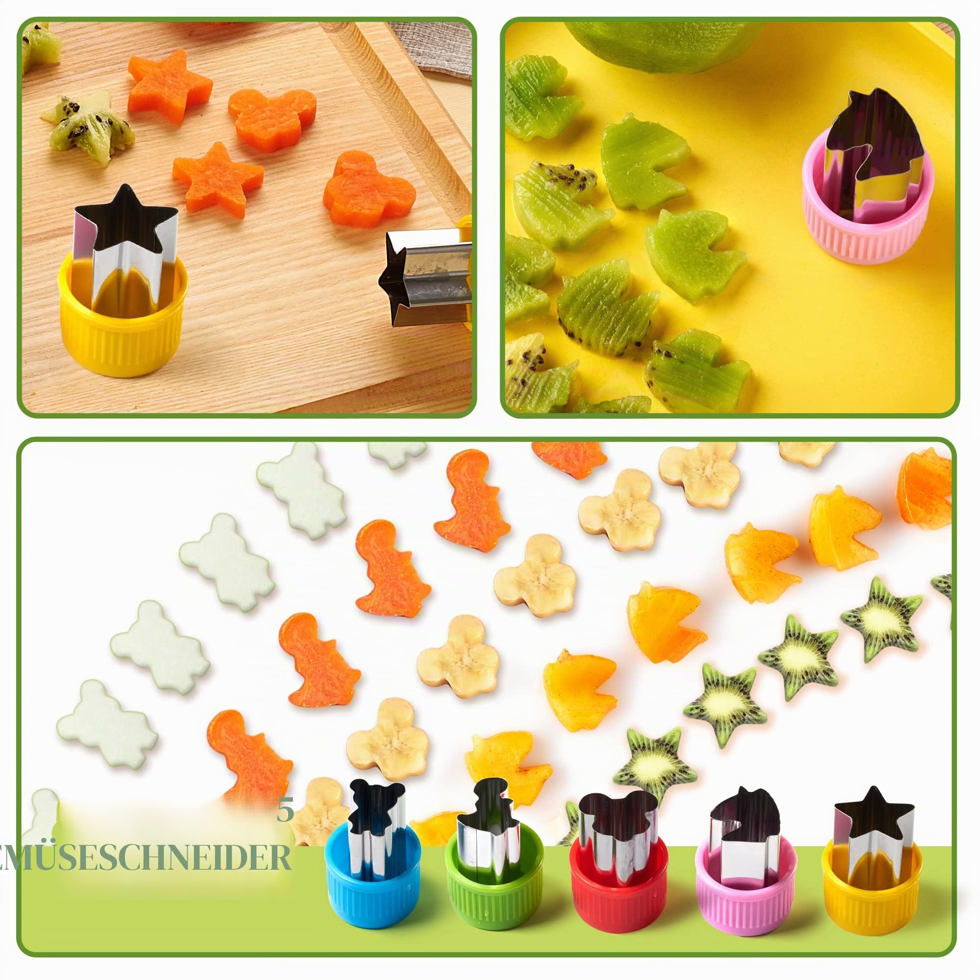 GET FRESH Sandwichschneider und Versiegler für Kinder -17 Stück Kinder Edelstahl Decruster Sandwich Ausstecher Gemüseschneider - Dino Metall Brotschneider und 5 Gemüseformen mit 10 Tiere Zahnstocher