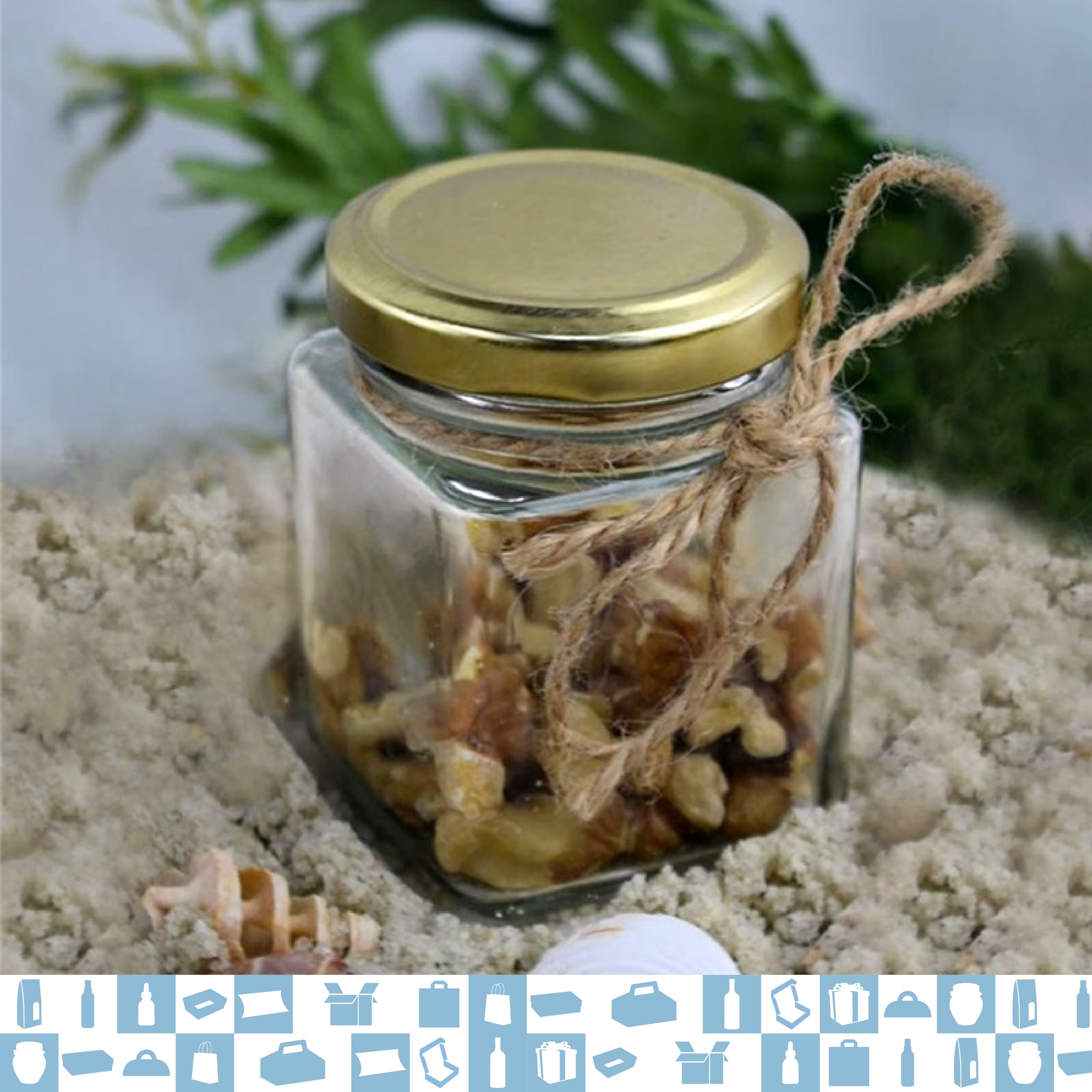 20 x Quadratisches Glas 150 ml mit Deckel + 20 Dosen + 20 Löffel aus Holz + 20 Etiketten aus Kraftpapier + 20 selbstklebende Etiketten + Stoff und Juteschnur – Gewürze, Marmelade, Joghurt, 20 Stück