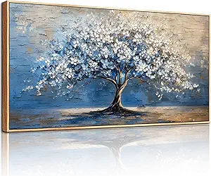 SERIMINO Tree of Life Wall Art, Large Framed Wall Art, Blue Tree Abstract Painting Art Prints, Nature Plant Canvas Art Wall Decor, Modern Neutral Pictures for Living Room Bedroom Office Hotel 24"X48"