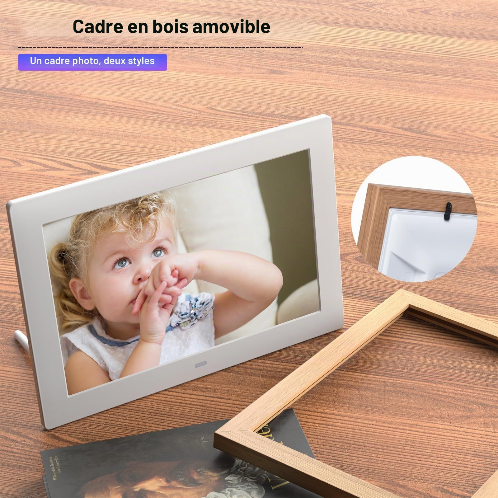 Cadre Photo numérique 10 Pouces, sans WiFi Cadre Photo numérique avec télécommande, HD Affichage Photo et vidéo, Support Carte SD de 32 Go, USB, Auto-Rotation, Automatique on/Off, Cadre en