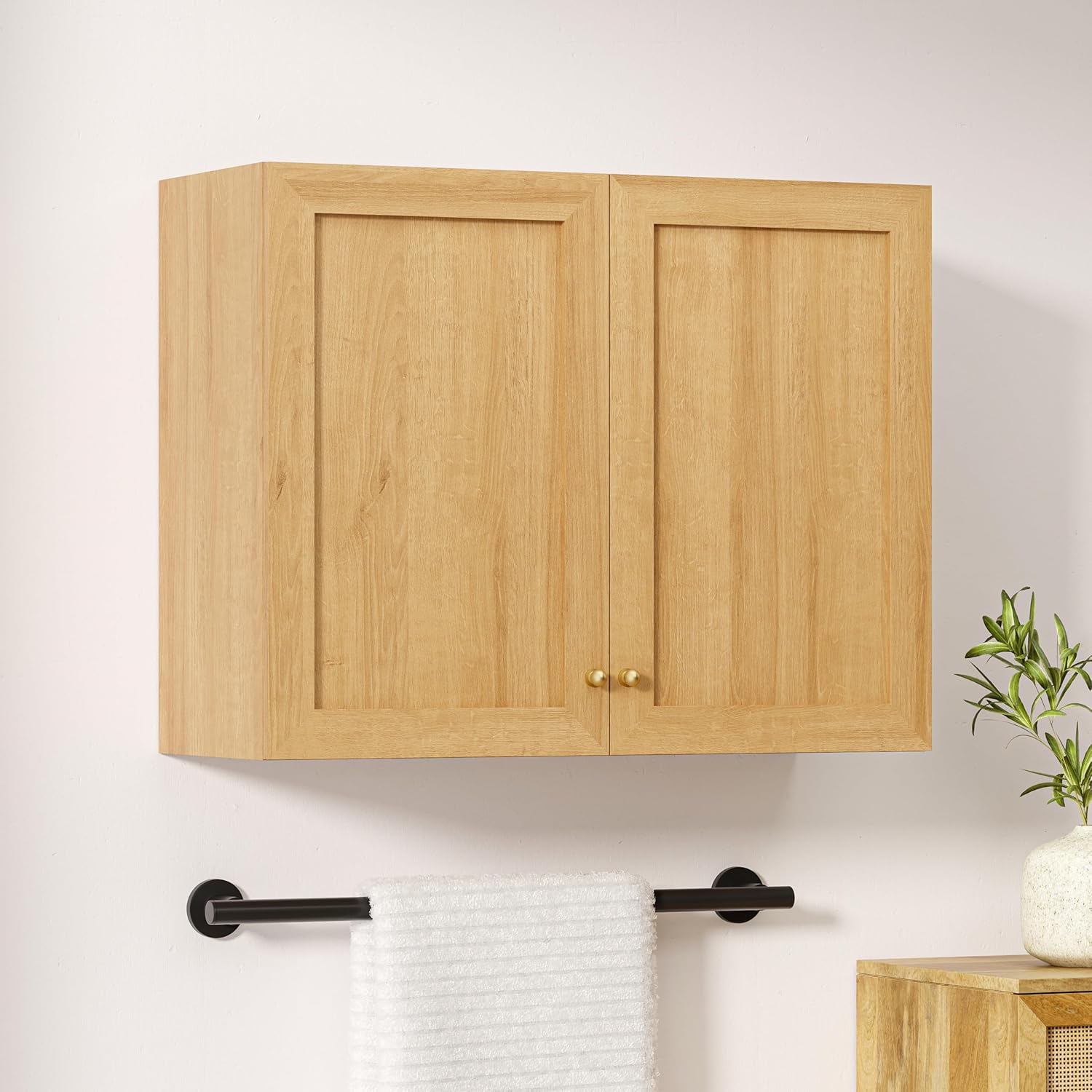 EYYTHUNG Laundry Wall Cabinet, Farmhouse Wood Storage Cabinet with Doors and Adjustable Shelf Wall Mounted Cabinets for Kitchen Dining Room Living Room, Natural Oak