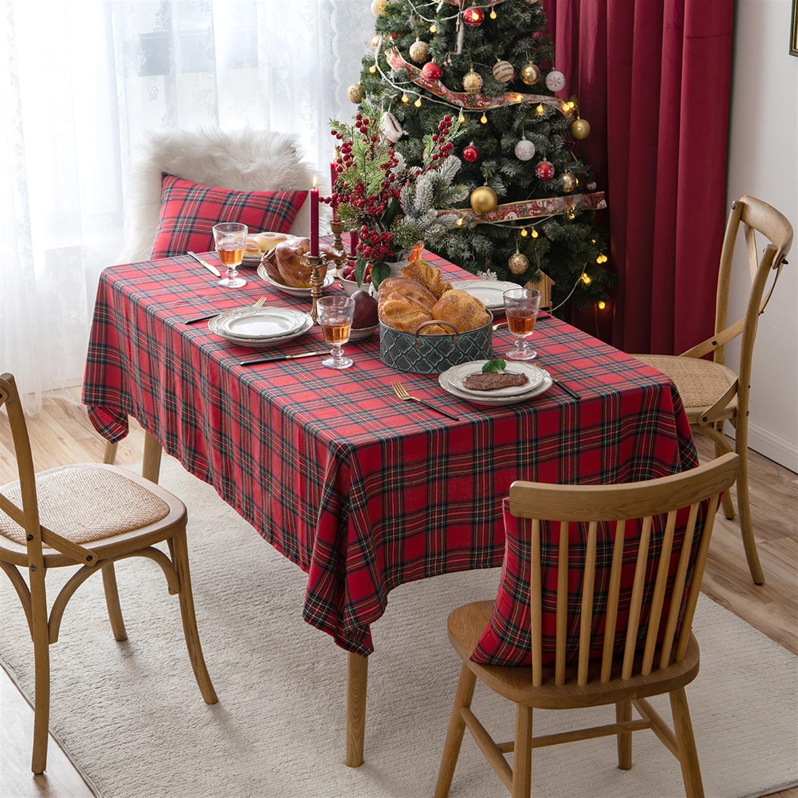 Vintage karierte Weihnachtstischdecke für Küchendekoration, grün, 60 x 60 cm, waschbar, rechteckig, Tischdecke für Weihnachtsfeier und Hochzeit