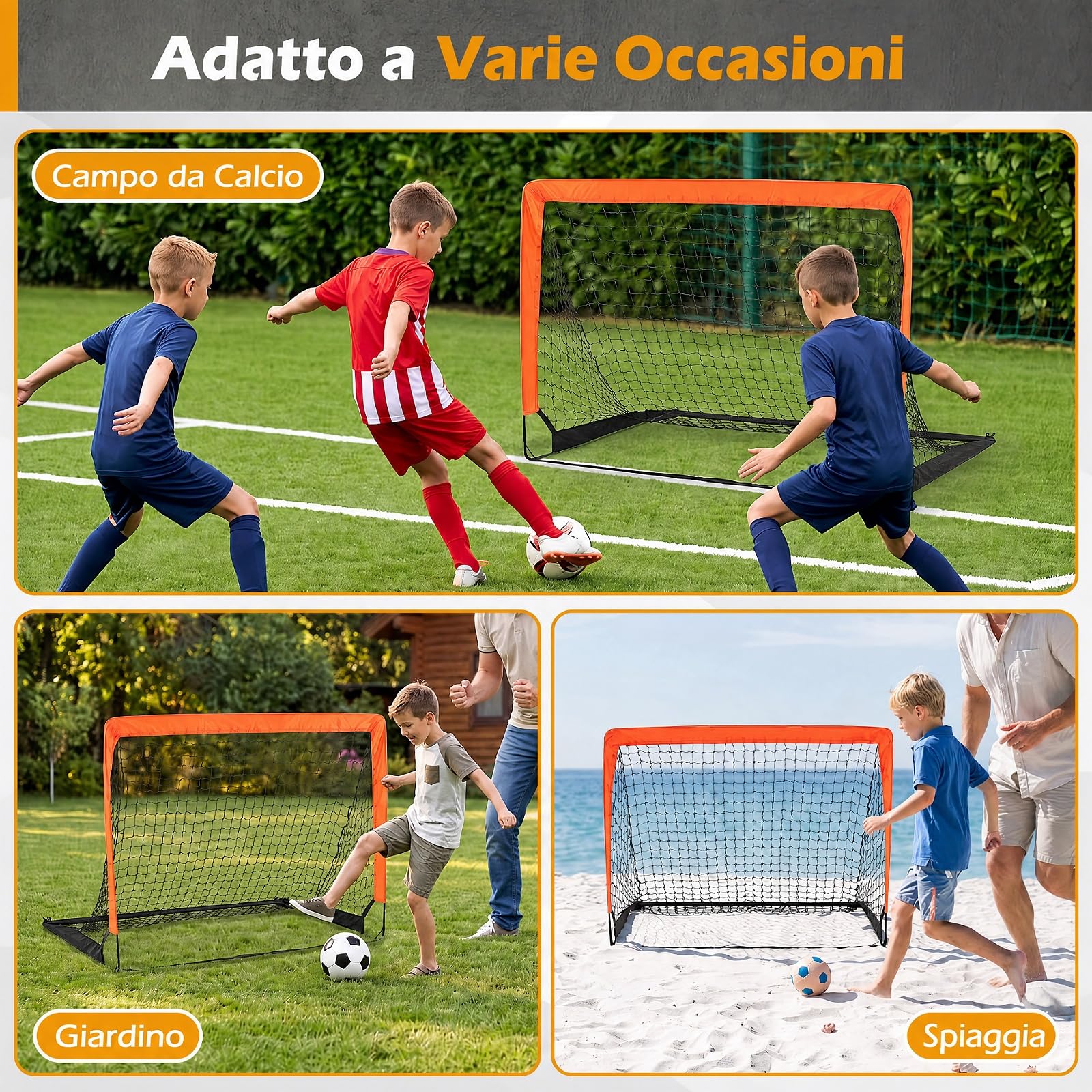 COSTWAY Set di 2 Porte Calcio per Bambini Pieghevole e Portatile | Porta da Calcio in Aste in Fibra di Vetro e Tessuto Oxford con Picchetti, per Giardino, Spiaggia e Cortile