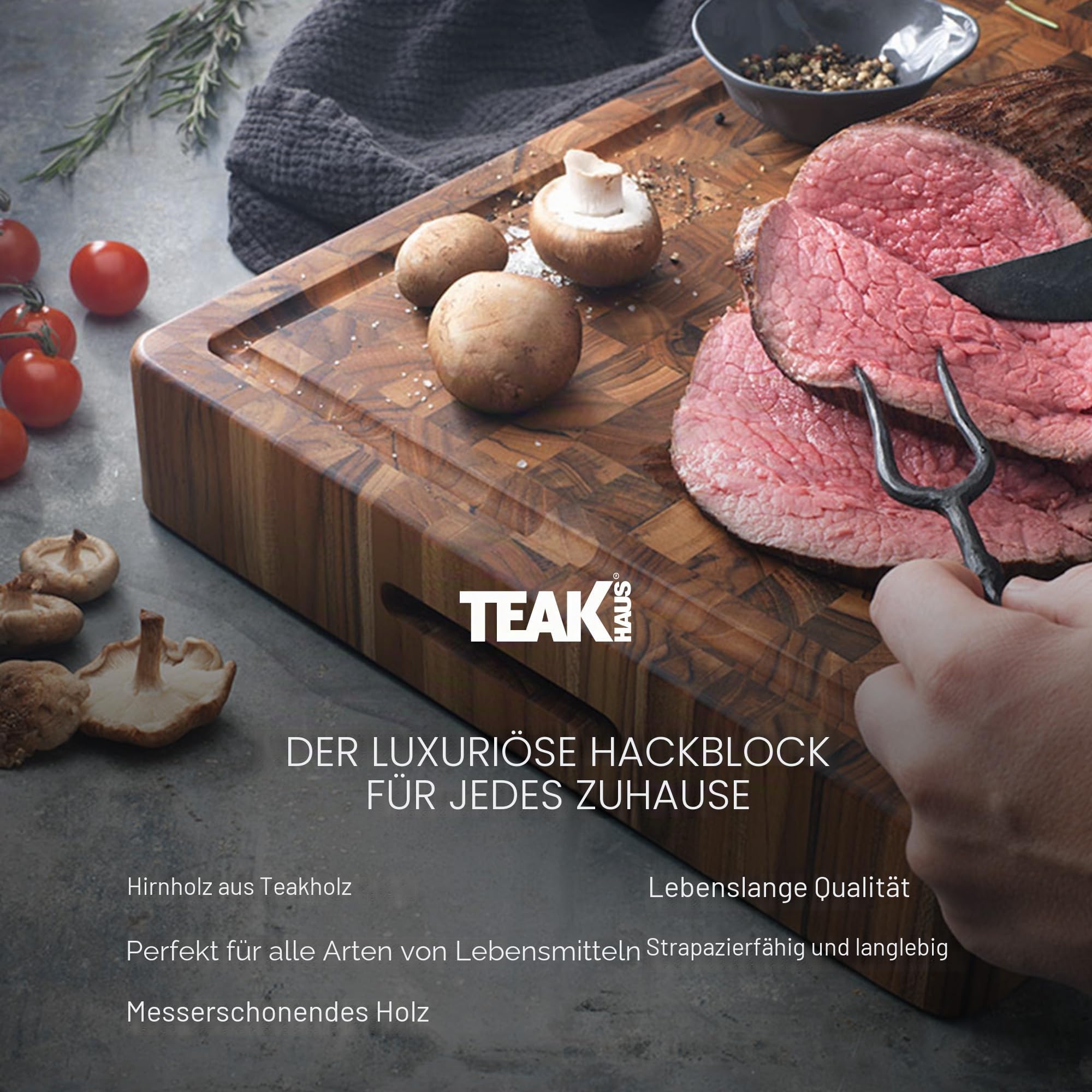 Teakhaus Butcher Block Schneidebrett Holz mit Saftrille extra dick | 52 x 36 x 6,4cm | FSC zertifiziertes, robustes Stirnholz Schneidebrett | Dickes Teak-Holzbrett Küche für glatte saubere Schnitte