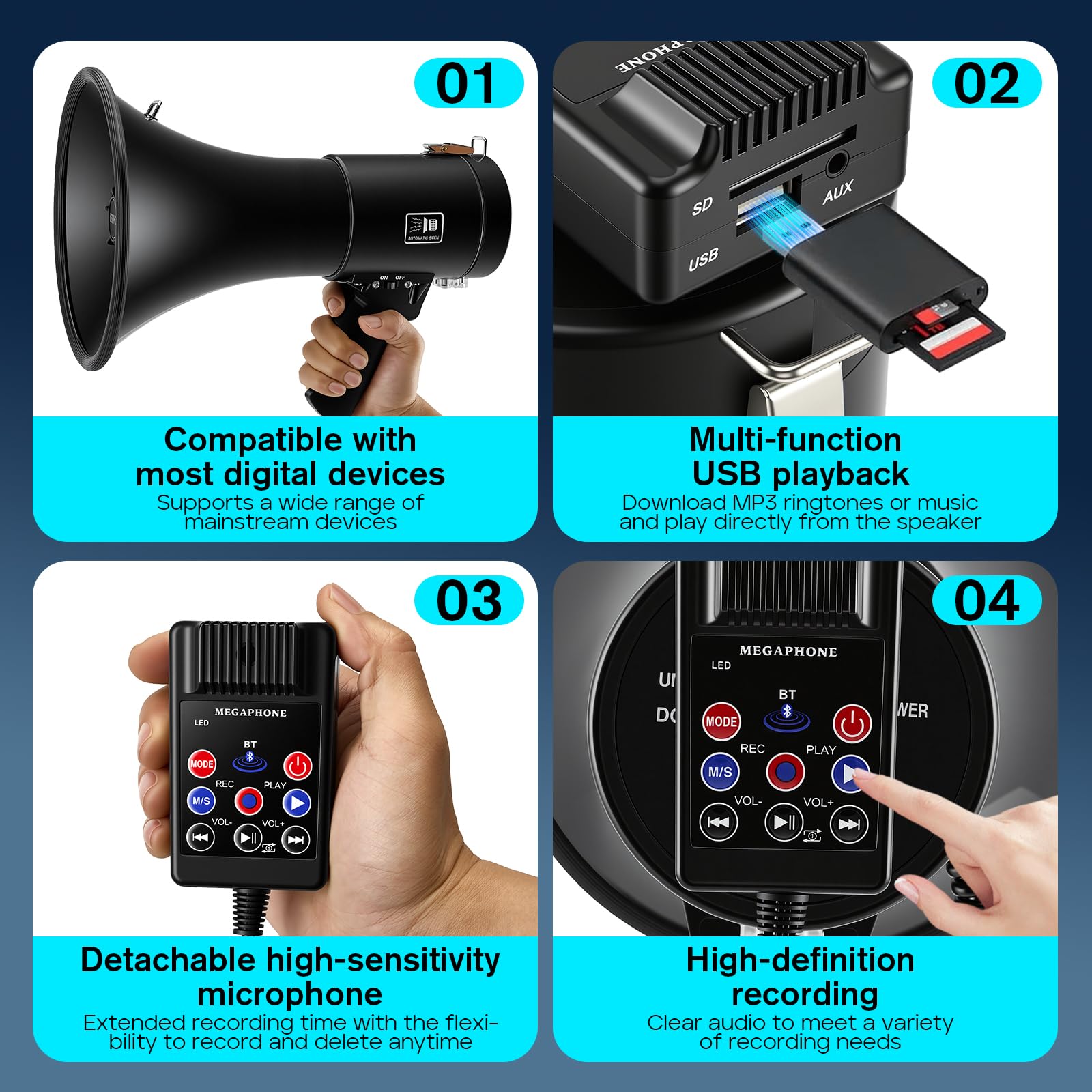 Mégaphone 150 W avec Bluetooth et fonction d'enregistrement – Mégaphone avec sirène et microphone, portée jusqu'à 2000 m, haut-parleur stéréo à 360 °, lecture USB, 3 types d'alimentation
