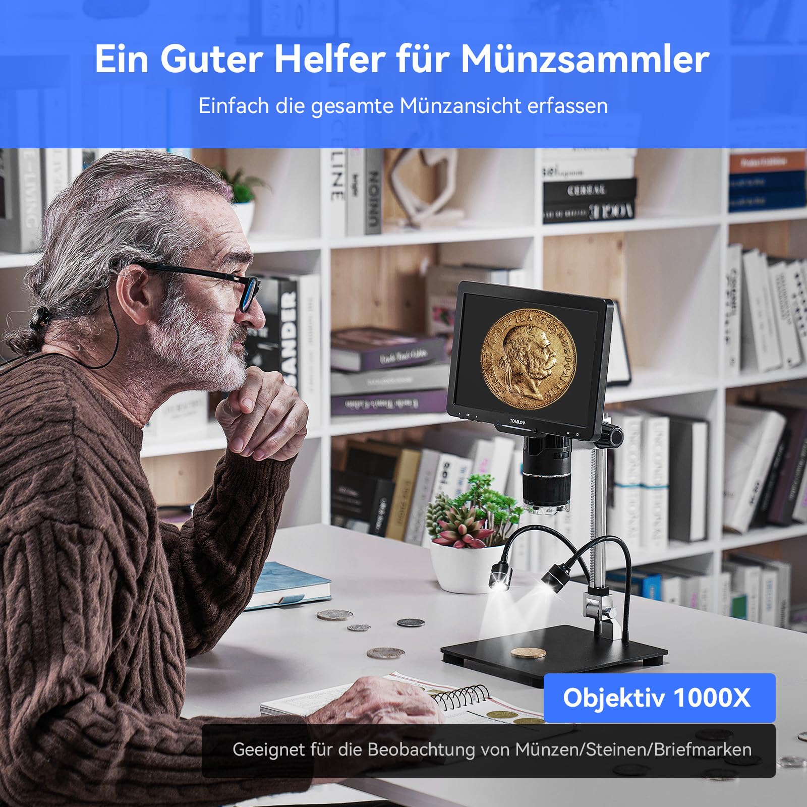 TOMLOV TriL110 10,1" IPS Mikroskop mit 3 Objektiven, Lötmikroskop mit LED | Drehbarer 3-Objektivwechsel, 2K Videos & 24MP Fotos Aufnehmen, 2500X, Ganze Münzen, 14 LEDs, PC/TV-Kompatibel