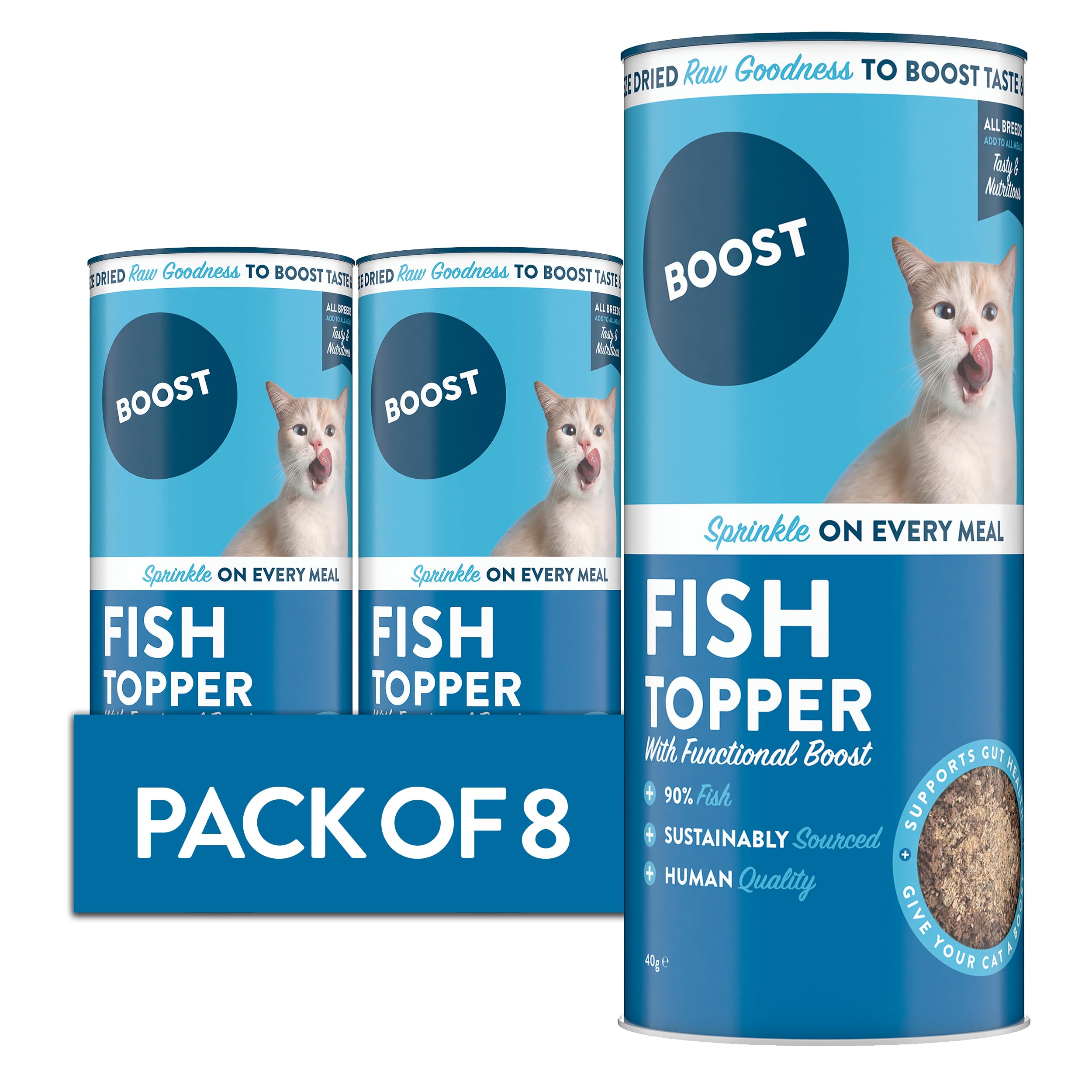 BOOST Pet Fish Meal Topper for Cat Food - Freeze-Dried Grain-Free Meat Sprinkles Meal Add On for Cats, Flavour Enhancer, Made with Real Fish, High in Fibre and Protein, Nothing Artificial - 8 x 40g