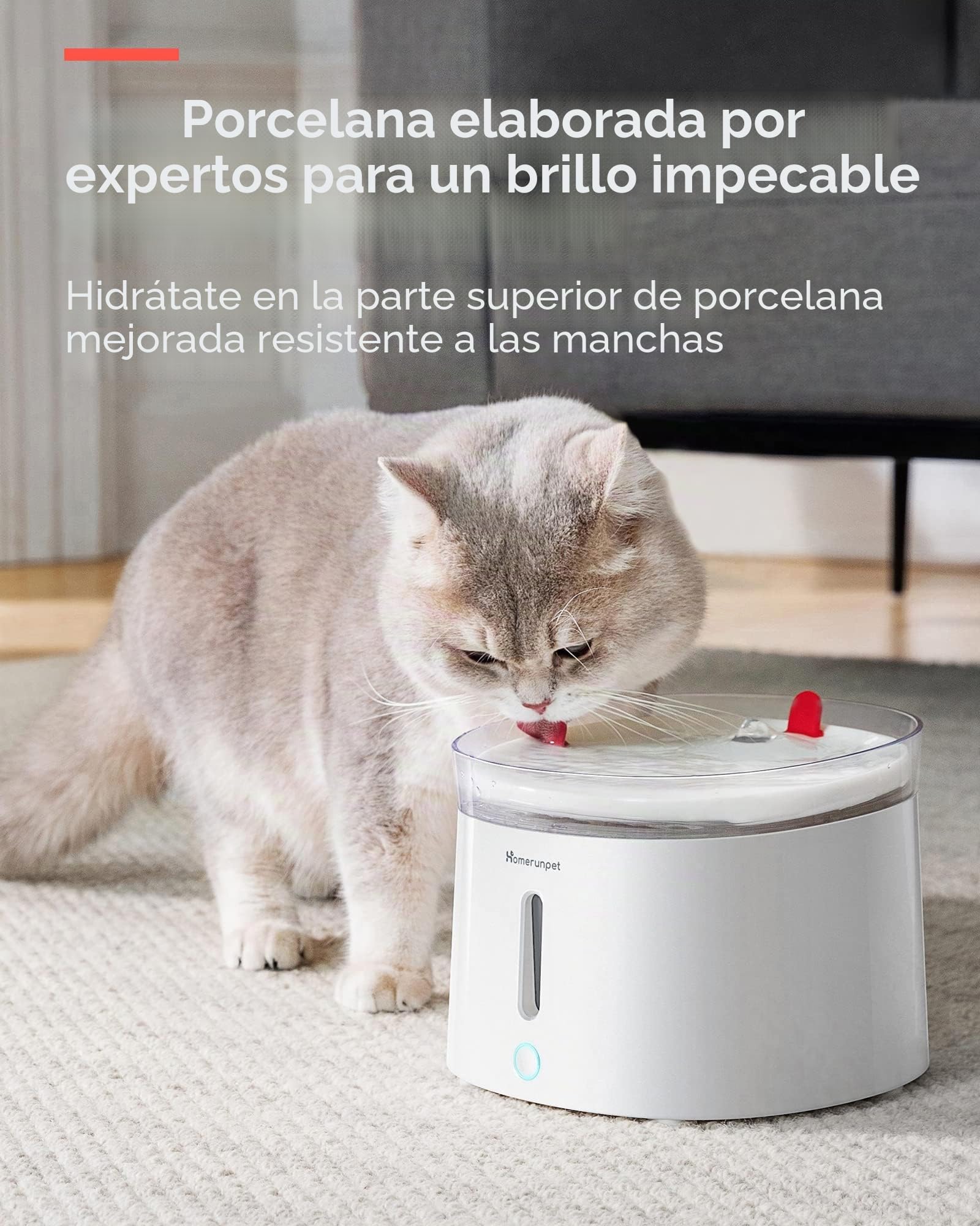 Homerunpet Fuente de Agua para Gatos y Perros con Bandeja de Porcelana y Bomba Autolimpiante Inalámbrica, Ultra Silenciosa, Fácil de Limpiar y Montar, Luz LED Inteligente, 2L