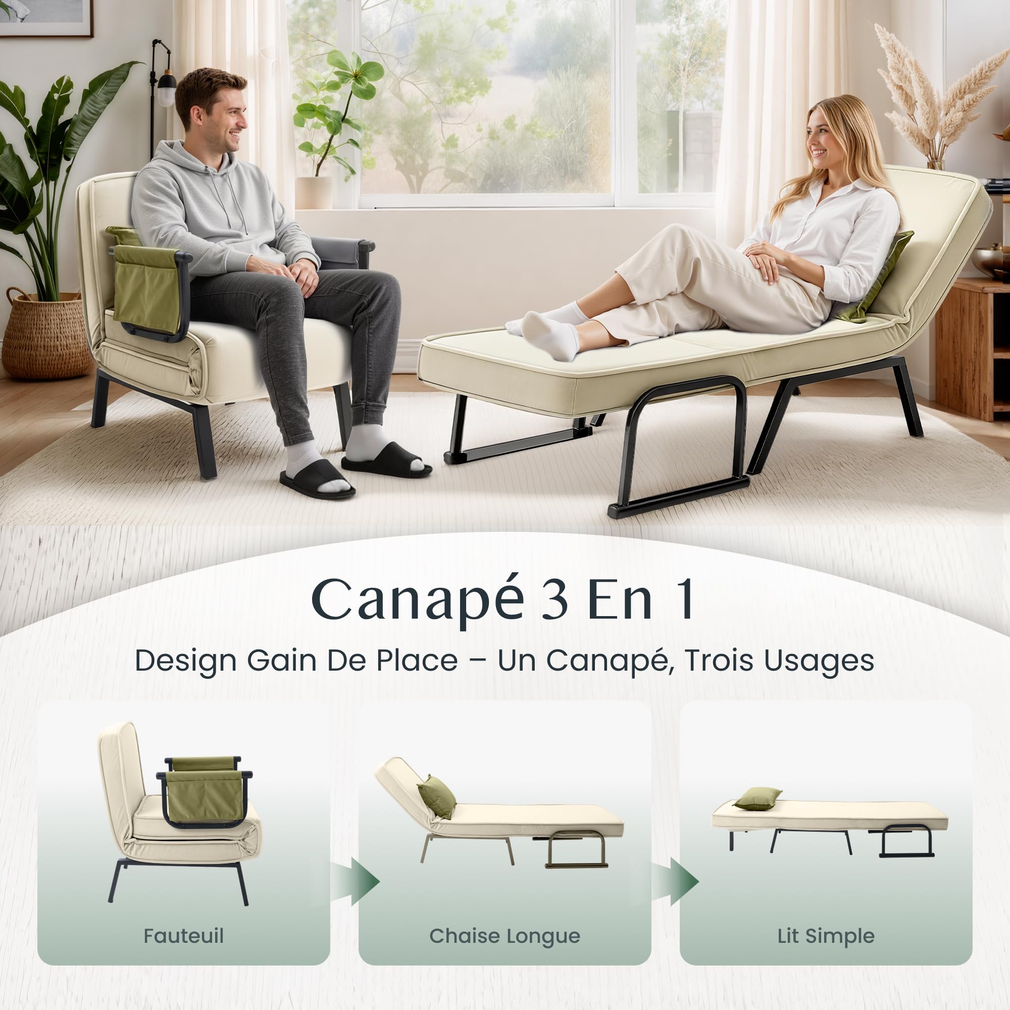 FLEXISPOT Fotel relaksacyjny, rozkładane łóżko, rozkładany fotel do spania z funkcją łóżka, leżak 3 w 1 (biały, 76 x 65 x 51 cm)
