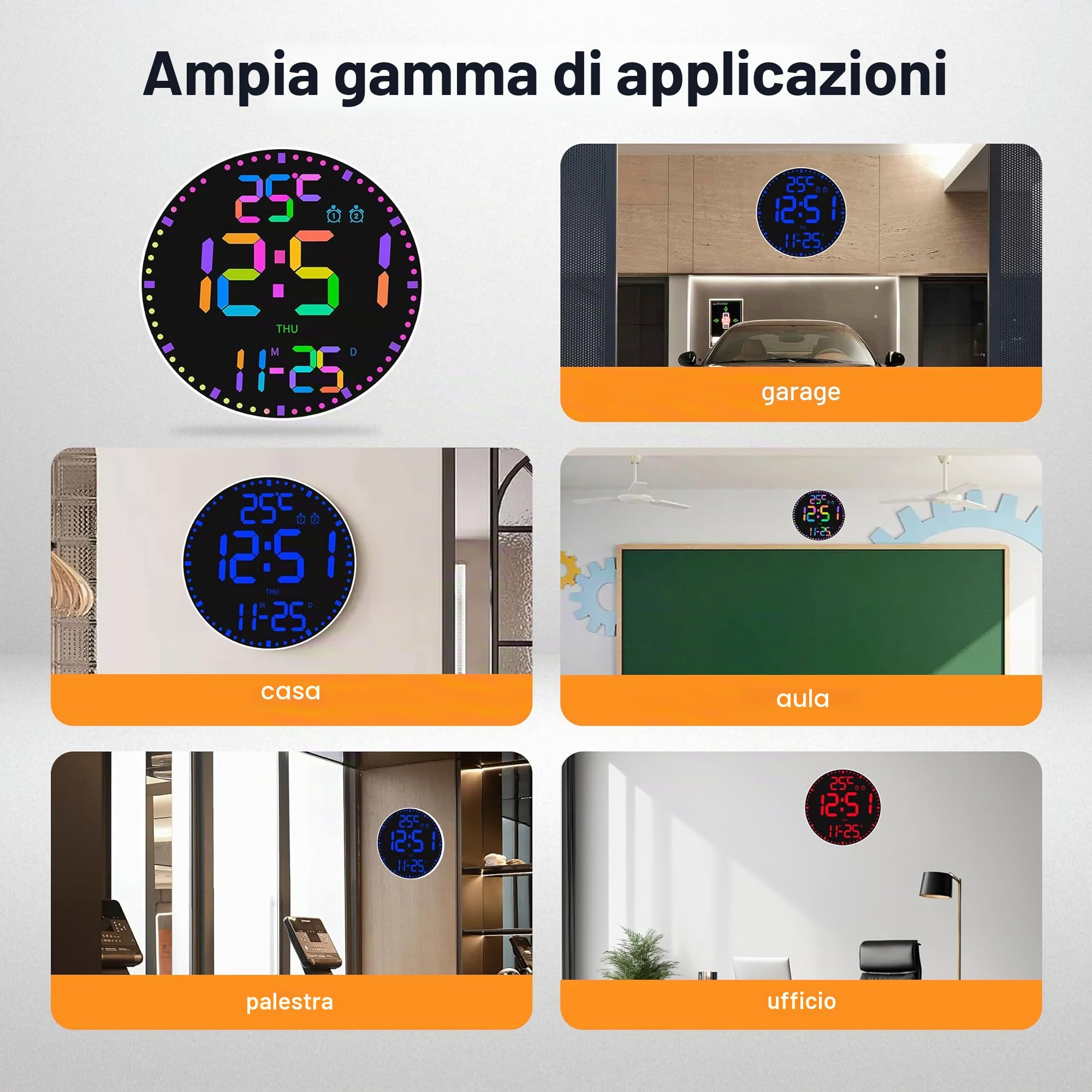 Grande Orologio Digitale da Parete Rotondi, Schermo LED da 30cm/11.6", 12 Colori RGB, Orologi da Parete Grandi Digitali con Telecomando, Orologi da Parete LED, Luminosità Automatica, Sveglia