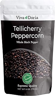 Viva Doria Tellicherry Black Peppercorn, Steam Sterilized Whole Black Pepper, 6 Ounce, For Grinder Refills