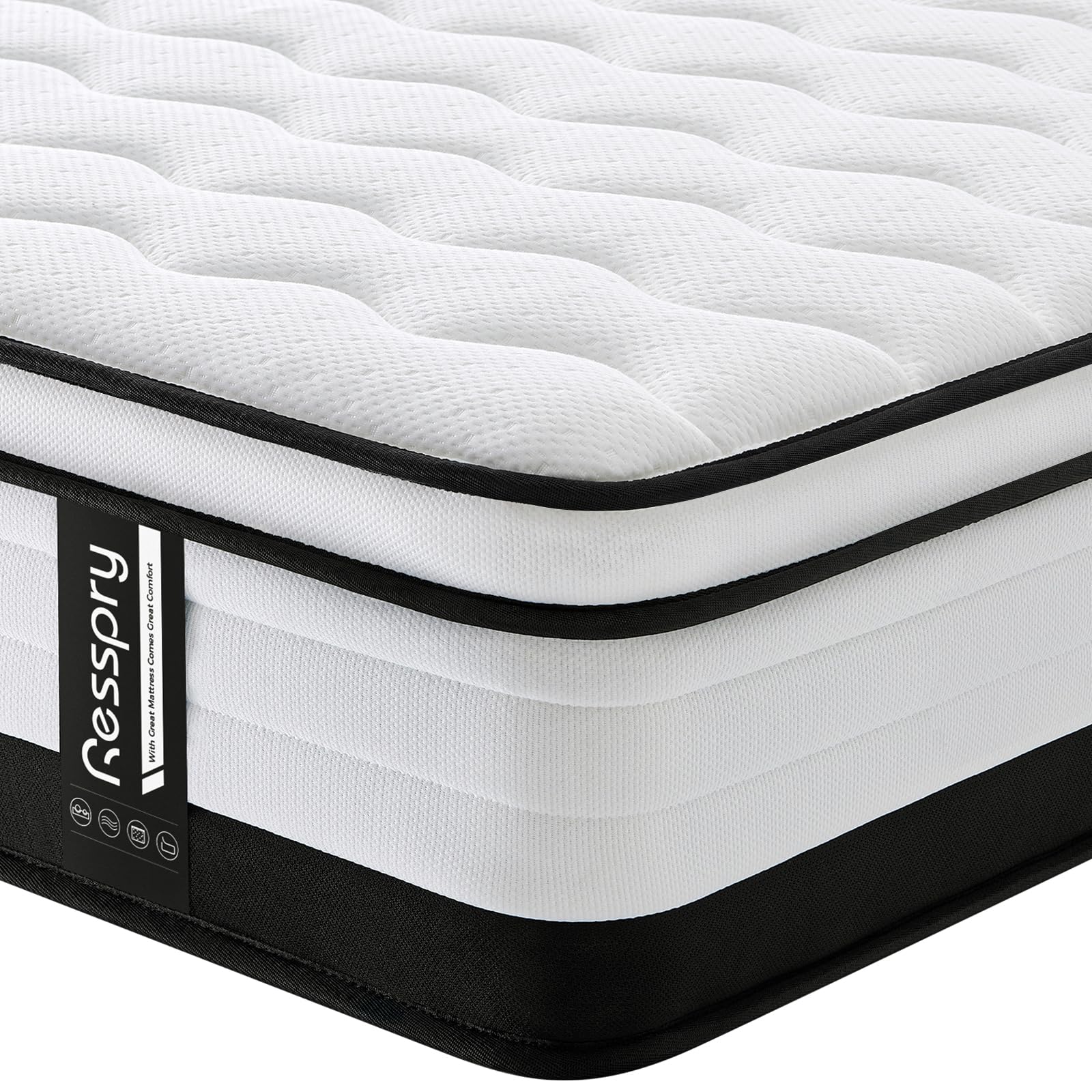 Double Mattress 4FT6, 10.6 Inch Memory Foam Sprung Mattress, Pressure Relieving and Cooling for Pure Comfort, Supportive Medium Firm Hybrid Mattresses, Eternal Collection (135x190x27cm)