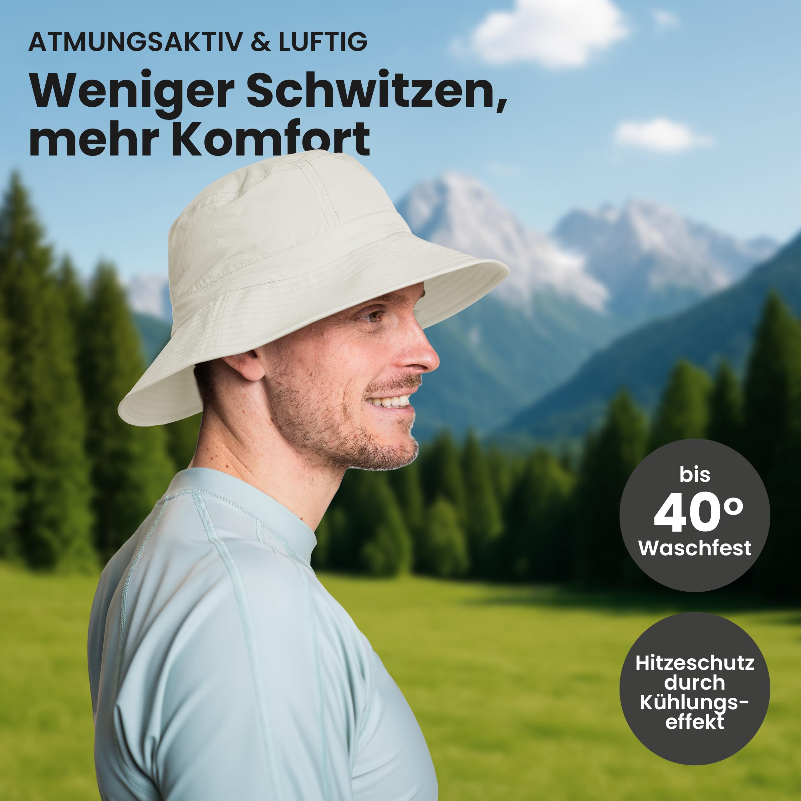 iQ-UV Sonnenhut für Herren & Damen 55-61cm – UPF 50+ TÜV geprüft – leichter und atmungsaktiver Sonnenschutz Hut mit UV Schutz 50 aus recycelten Materialien – idealer Fischerhut für Outdoor-Aktivitäten