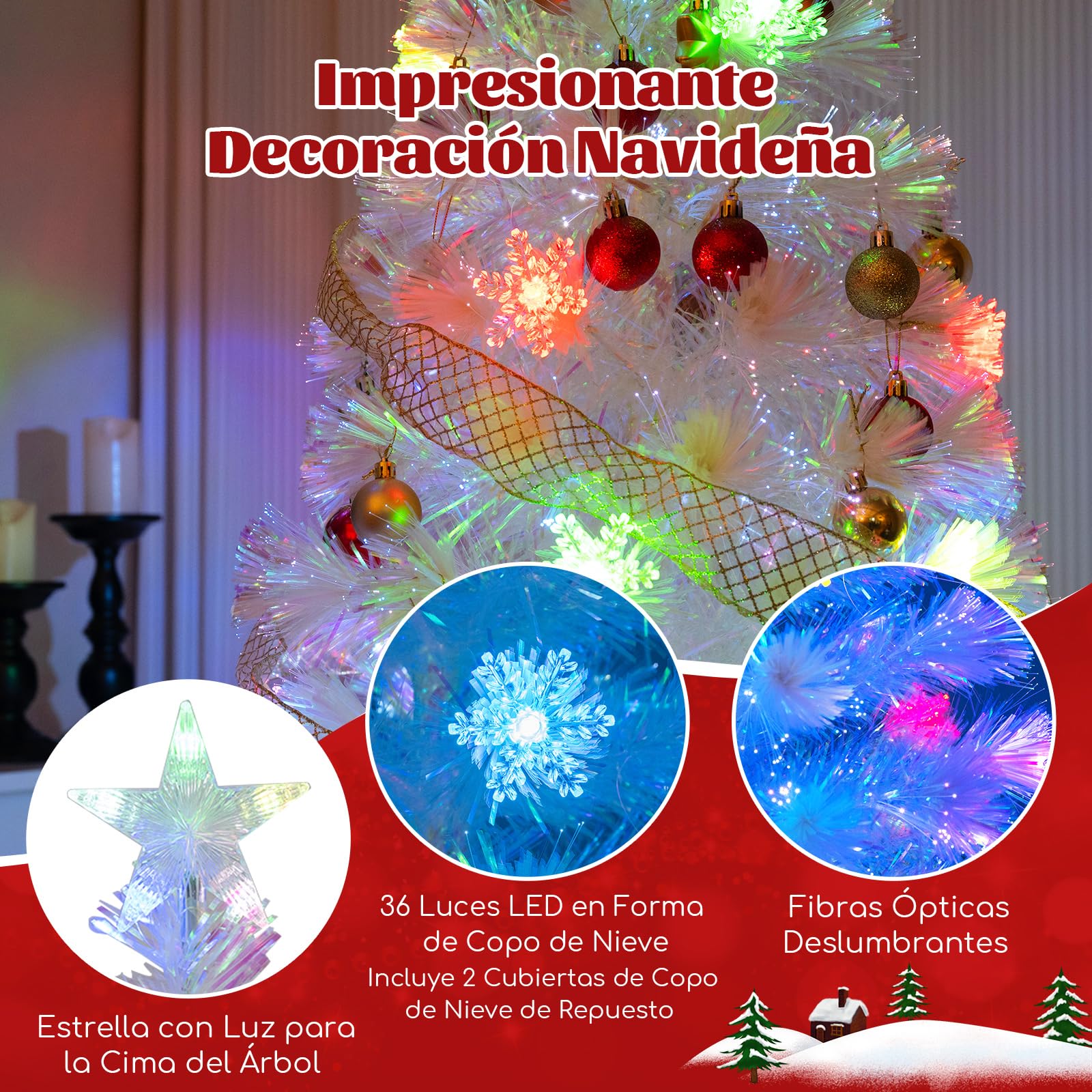 COSTWAY 180cm Árbol de Navidad Blanco, Hojas Iridiscentes, Árbol de Navidad de Fibra Óptica Preiluminado, 30 Luces LED de Copos de Nieve, Estrella, Arvore de Natal Oficina y Hogar(180cm)