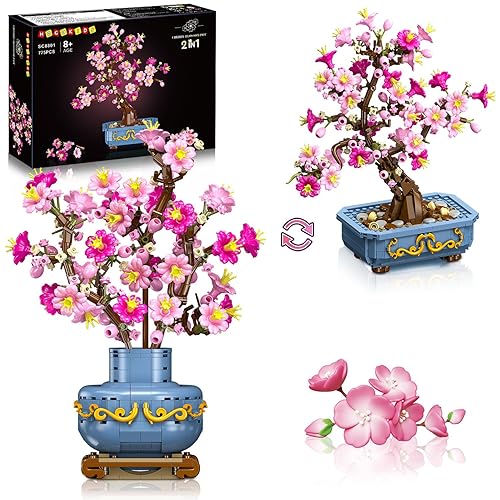 HOGOKIDS Flowers Cherry-Blossom Bonsai Building Set - 2 in 1 Artificial Bonsai Tree Plants for Home Decor & Display Cherry Botanical Flowers Building Toy Birthday Gift for Adults Teens (775PCS)