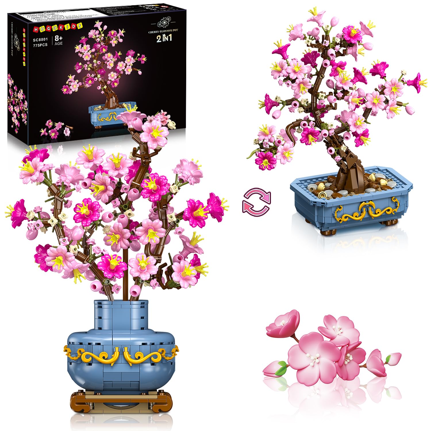 HOGOKIDS Set di bonsai con fiori di ciliegio, 2 in 1, pietre artificiali per bonsai per la casa, esposizione, fiori botanici, giocattolo da costruzione, regalo di compleanno per adulti (775 pezzi)