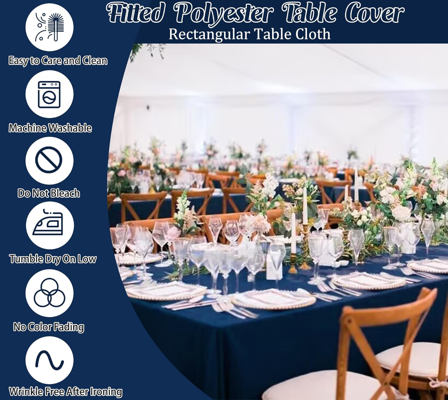 3 Pack Fitted Tablecloths 72 x 30 Inch, Rectangle Table Clothes for 6 Foot Tables, Washable Polyester Fabric Table Cover for Parties, Wedding, Banquet, Trade Show (Navy Blue, 6FT)