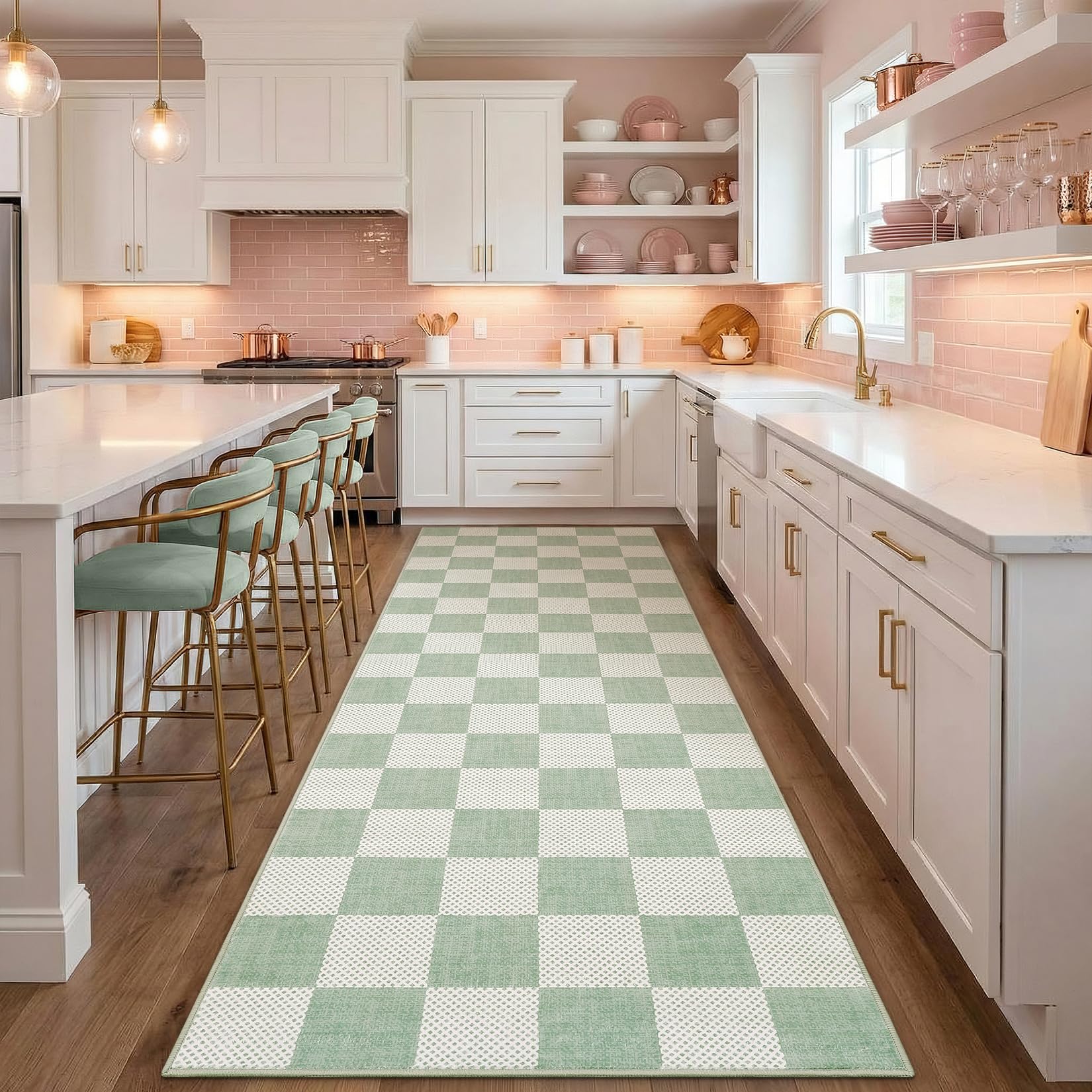 GarveeHome Checkered Sage Green 2x6 Washable Kitchen Runner Rus Geometric Diamond Dot Modern Soft Low-Pile Long Rug for Bedroom Hallways Entryway