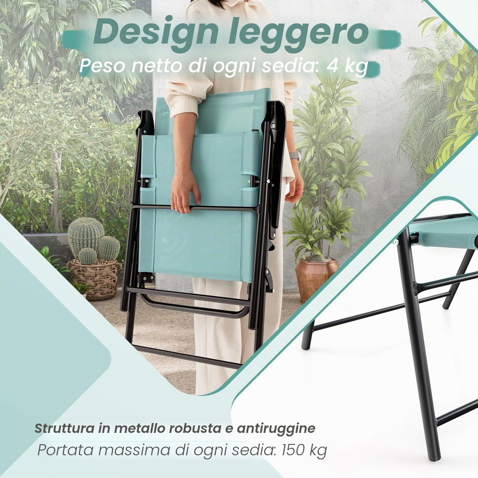 GIANTEX Set di 2 sedie da giardino pieghevoli, con schienale alto e bracciolo, resistenti alle intemperie, in metallo e tessuto, portata fino a 150 kg (verde menta)