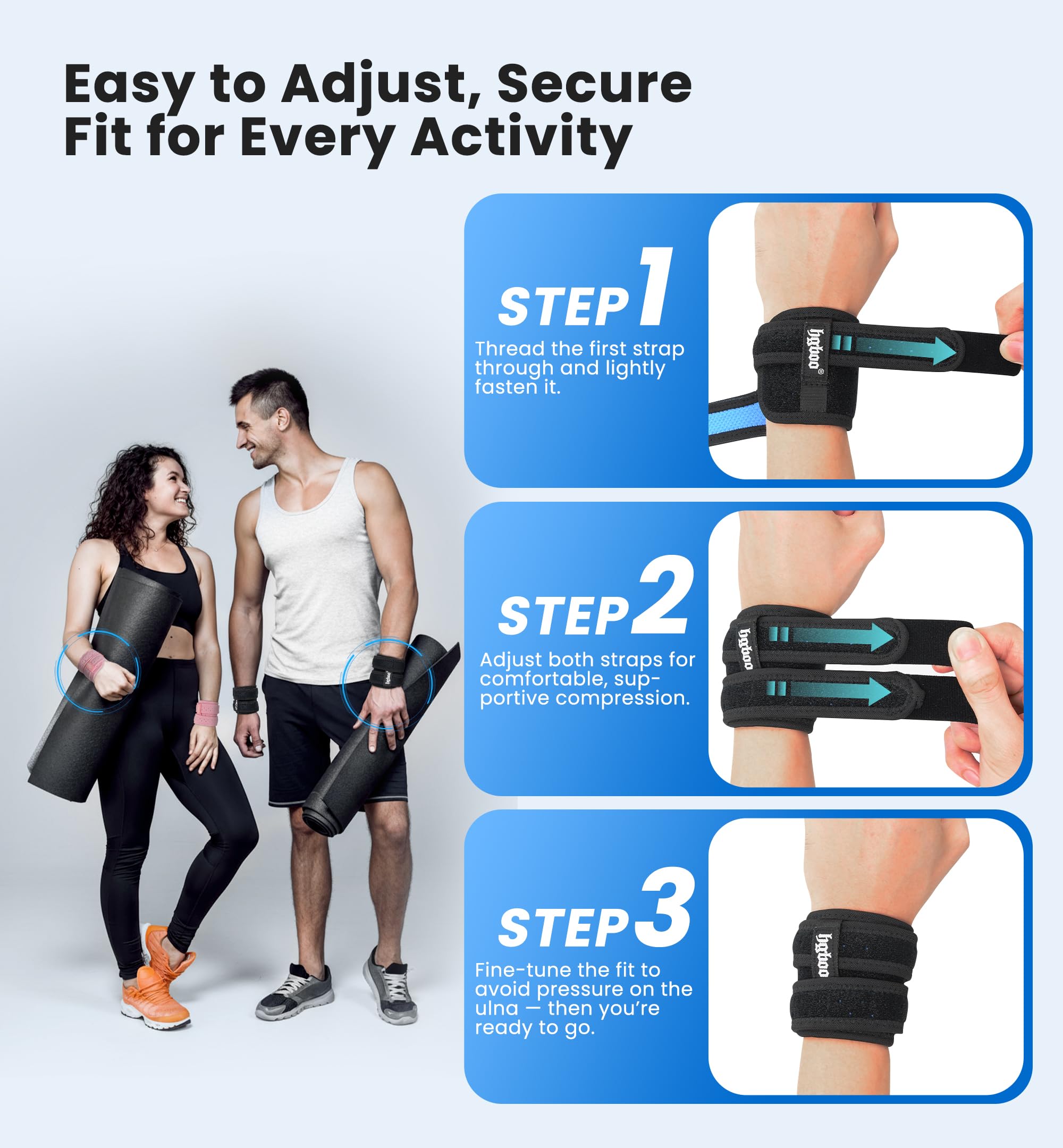 HGBOO 2-Pack TFCC Wrist Brace Support for Ulnar Pain, Carpal Tunnel & Tendinitis Relief, Dual Adjustable Straps Wrist Wrap, Breathable Comfortable Wrist Brace for Sports, Work & Daily Use (Black) — view 6