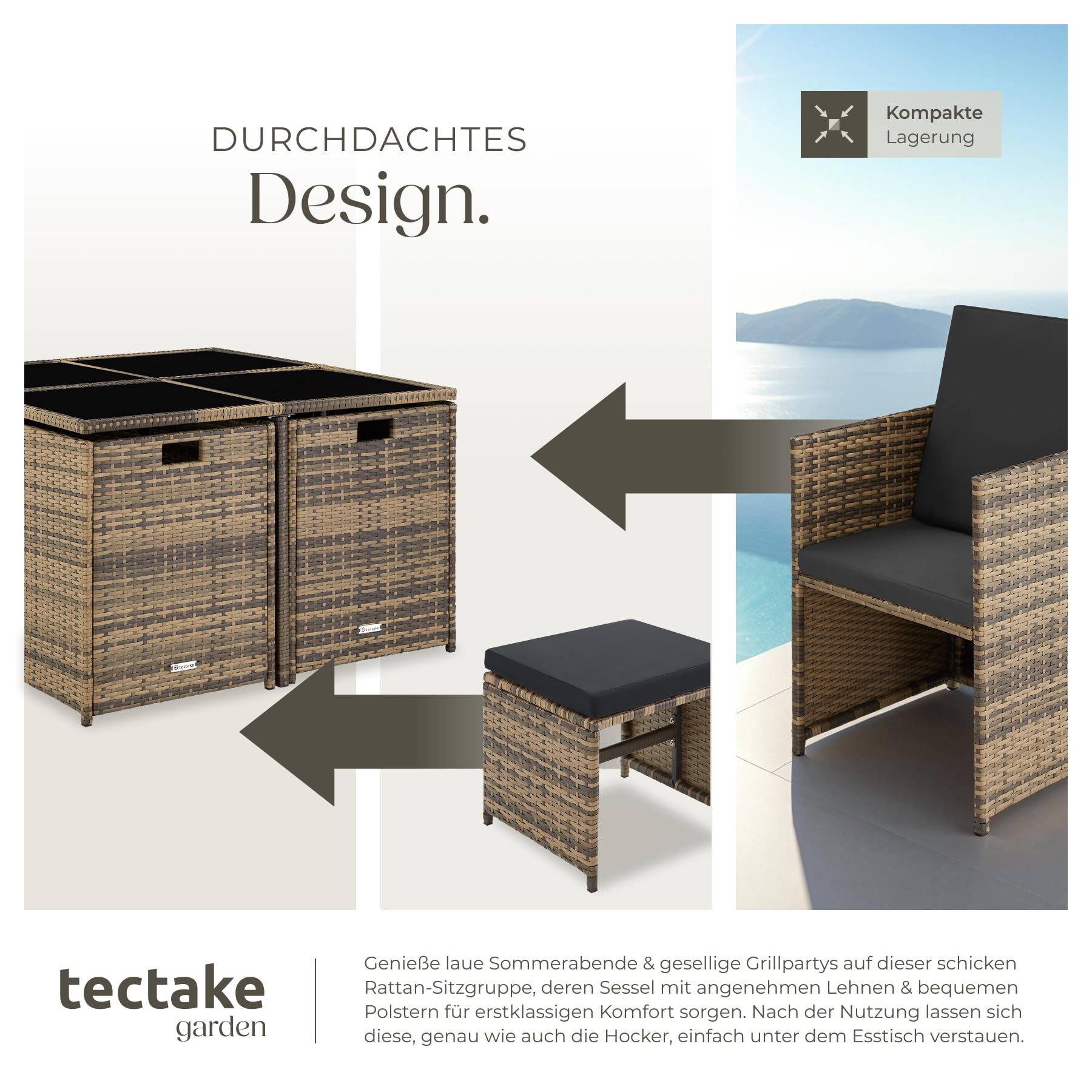 tectake Lounge Möbel Set aus 4X Stühle, 1x Tisch, 4X Hocker, wetterfest und platzsparende Cube Aufbewahrung inkl. Schutzhülle, Outdoor Rattan Gartenmöbel für Balkon, Garten und Terrasse - Natur
