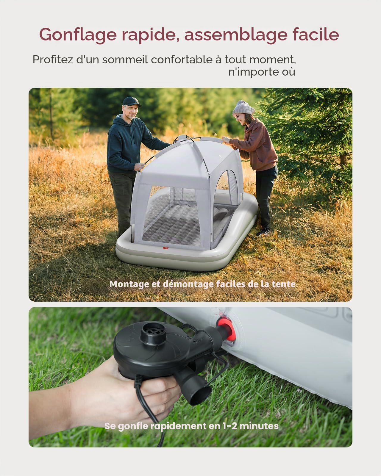 QPAU Lit de Voyage Gonflable pour Enfant avec Tente, Tente de Berceau, Matelas Gonflable Portable pour Enfants avec Pare-Chocs de sécurité, idéal pour la Maison, Grand-mère, Camping (Gris)