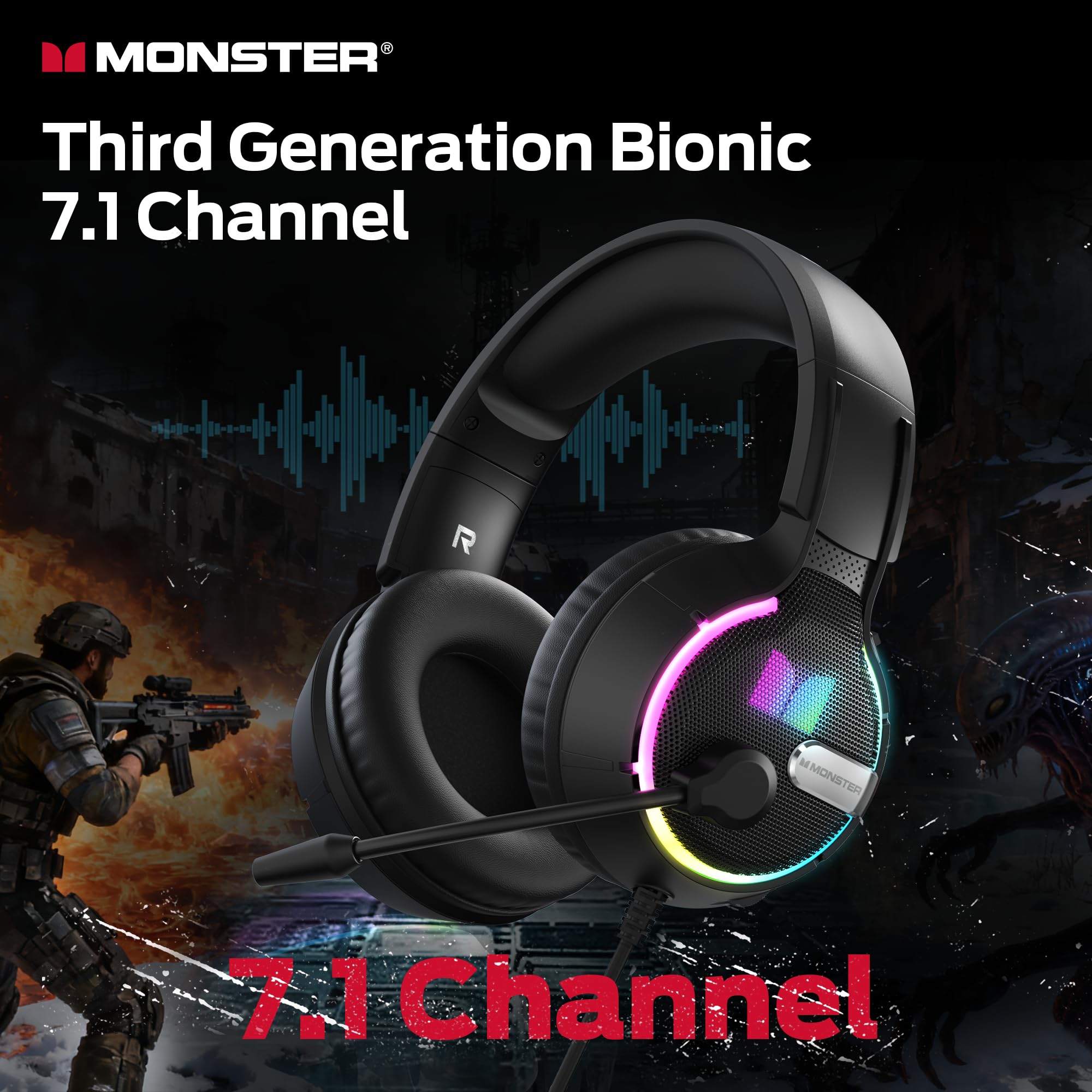 Monster Mission 320 Gaming Headset for PS5, PS4PC, Xbox One, Xbox Series X/S, Switch,Noise Cancelling Over Ear Headphones with Mic, LED Light, 7.1 Surround Sound - 3