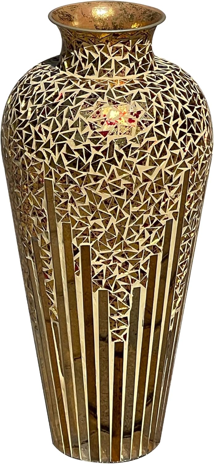 Tall Mosaic Glass Flower Vase - Decorative Floor Vase for Pampas Grass and Flowers - Centerpiece Vase for Home Decor - Perfect for Table Centerpieces and Decorative Vases - Multi Golden Sands