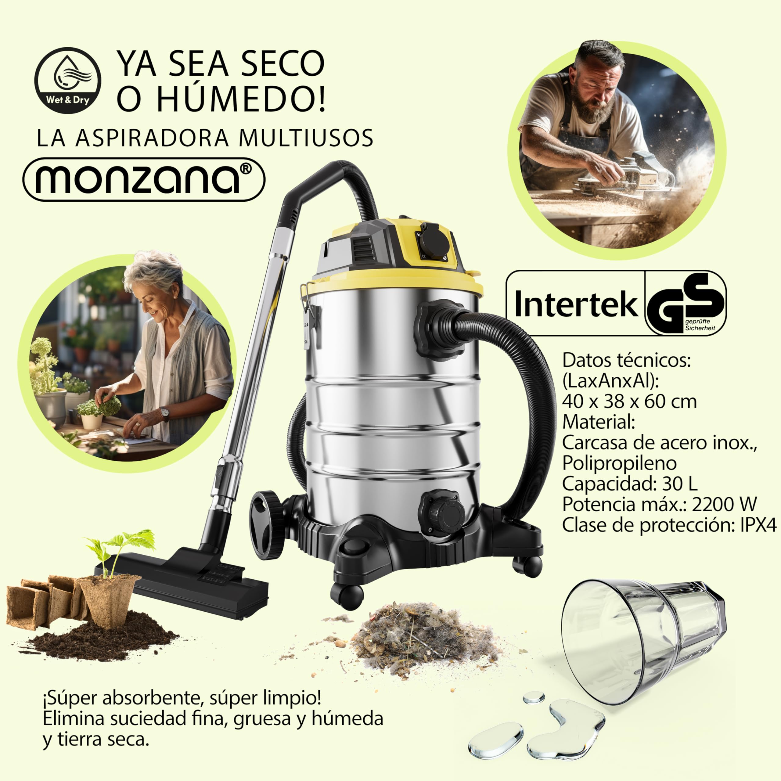 Monzana Aspirador Seco y Húmedo 2200W 30L Industrial Cable 5m Soplador Acero Inoxidable