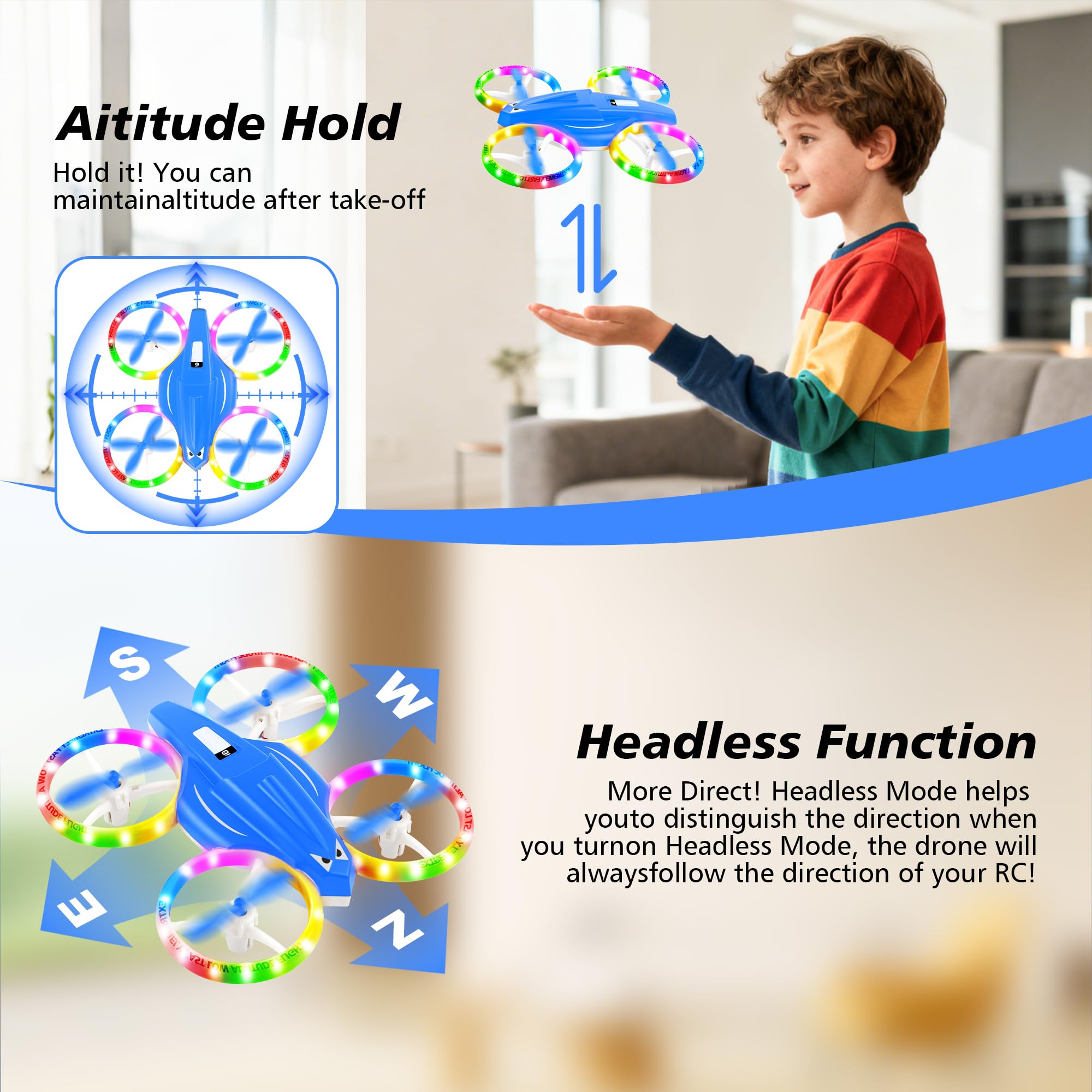 Mini dron para niños de 6, 7, 8, 9 y 10 años, avión teledirigido con luces, juguete ideal para principiantes, avión teledirigido con retención de altitud, figuras 3D y 2 baterías