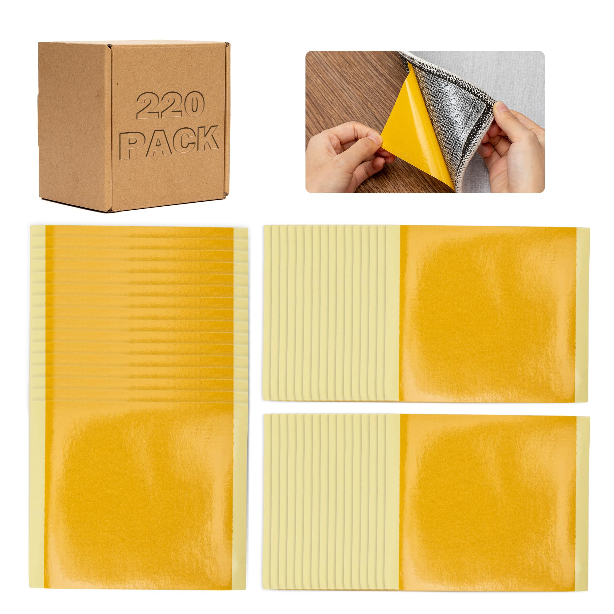 Nastro biadesivo per tappeti, 10,2 x 10,2 cm, 220 pezzi, resistente, antiscivolo, senza residui, connettori adesivi per pavimenti in legno, tappeti, scale e piastrelle