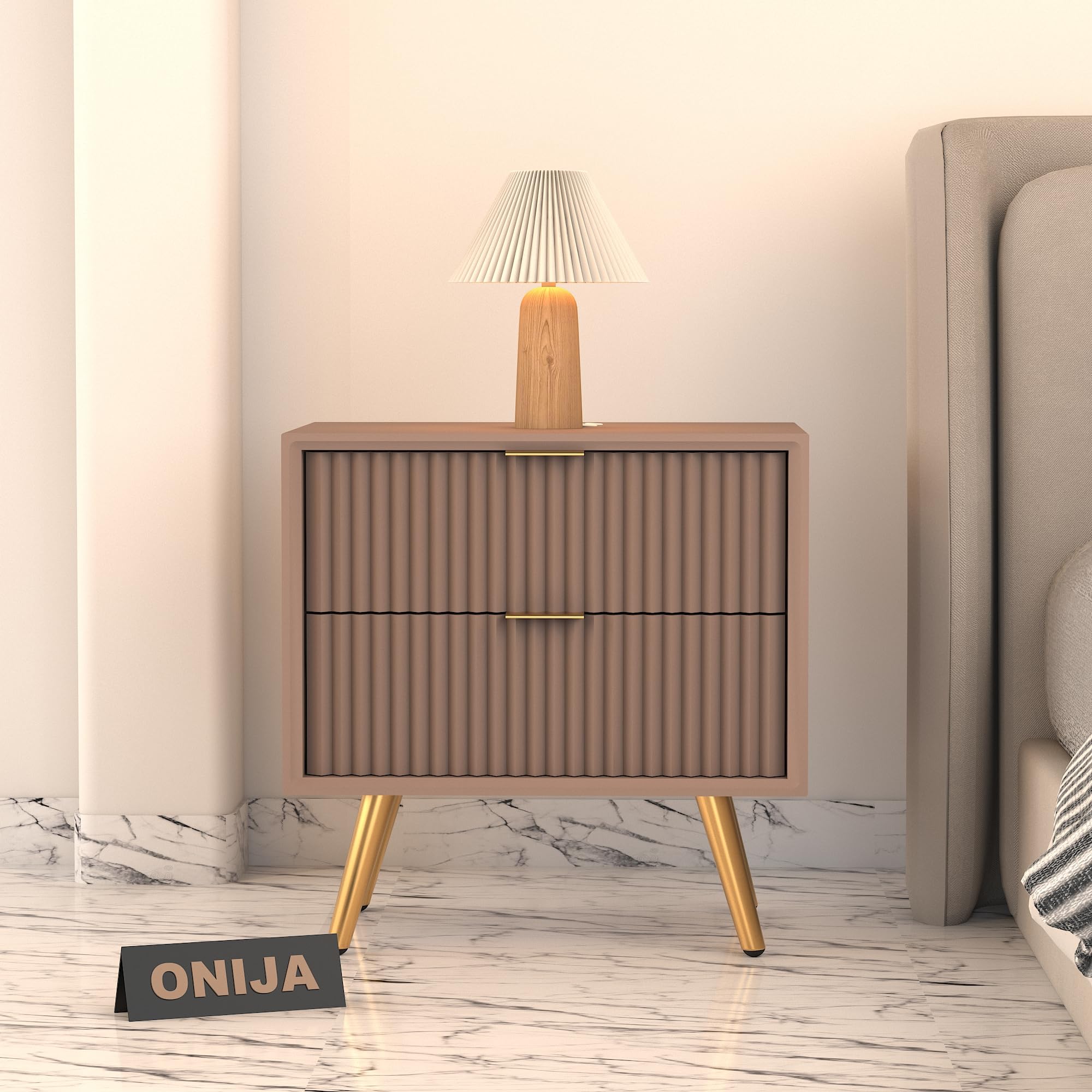 ONIJA Wooden Bedside Table for Bedroom Wooden Bed Side Nightstand Lamp Table with 2 Drawers & Open Shelf Storage for Home & Hotels HDMR Premium Wood & Iron Legs (Mocha Beige)-image-42