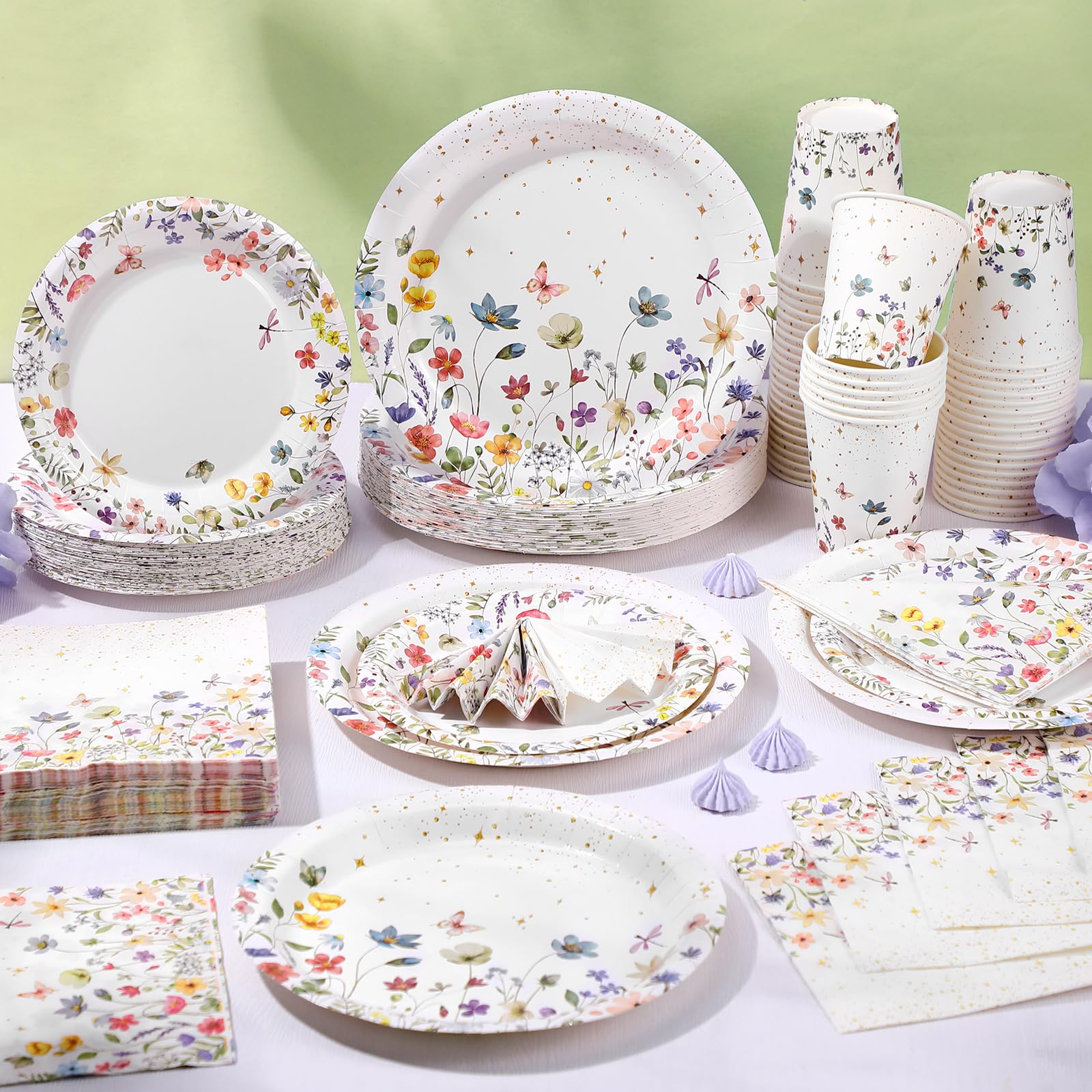 Ziliny 250 Stück Wildblumen-Party-Dekorationen, inklusive Frühlings- und Sommer-Pappteller, Servietten und Becher für Wildblumen, Babypartys, Tee-Dekorationen, für 50 Gäste (bunt, Blumenstil)
